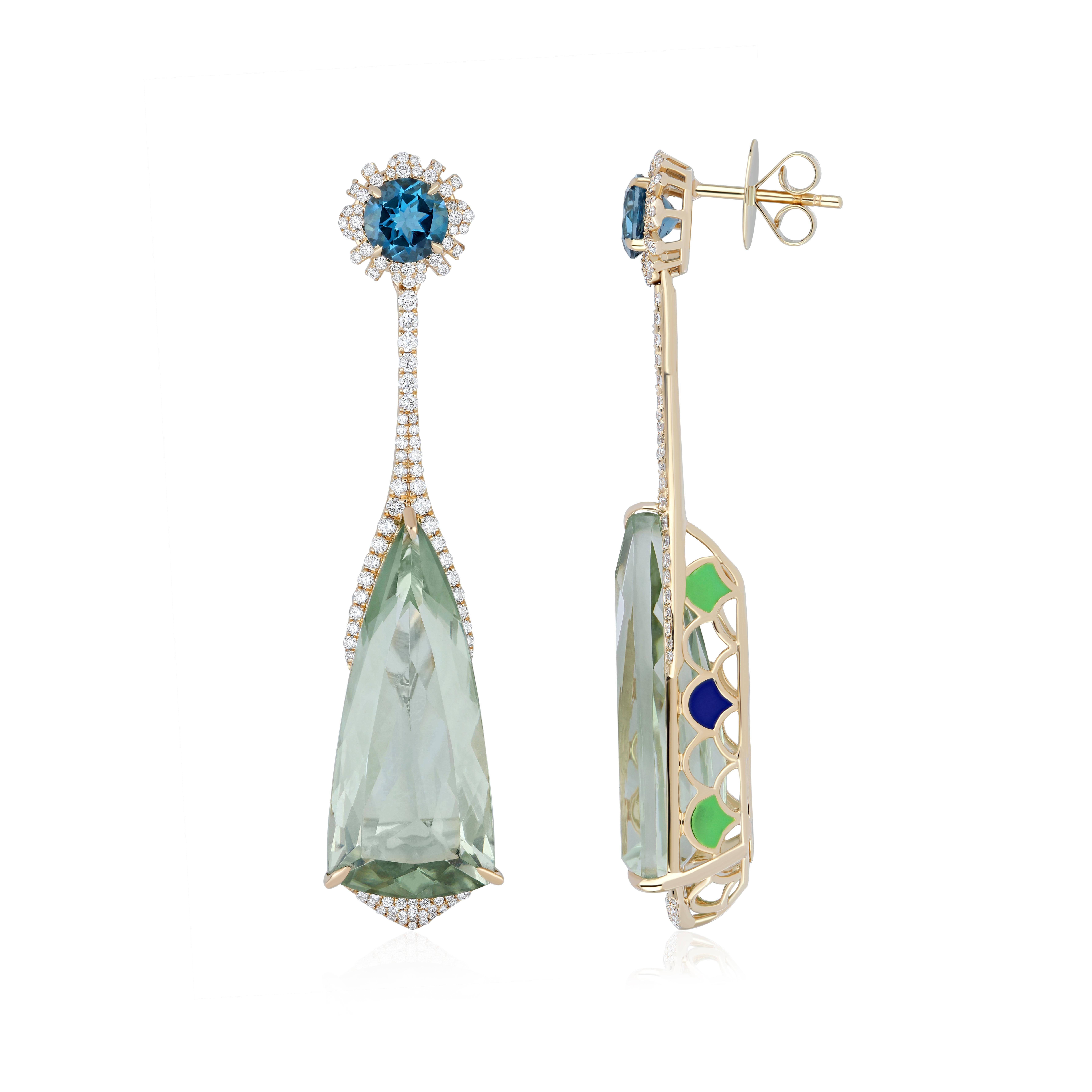 Découvrez le summum du luxe : boucle d'oreille en or jaune 14 carats aux détails impeccables, avec en son centre un superbe quartz menthe taille fantaisie de 19,86 carats (environ), orné de diamants micro-sertis pesant environ 0,98 carats et d'une