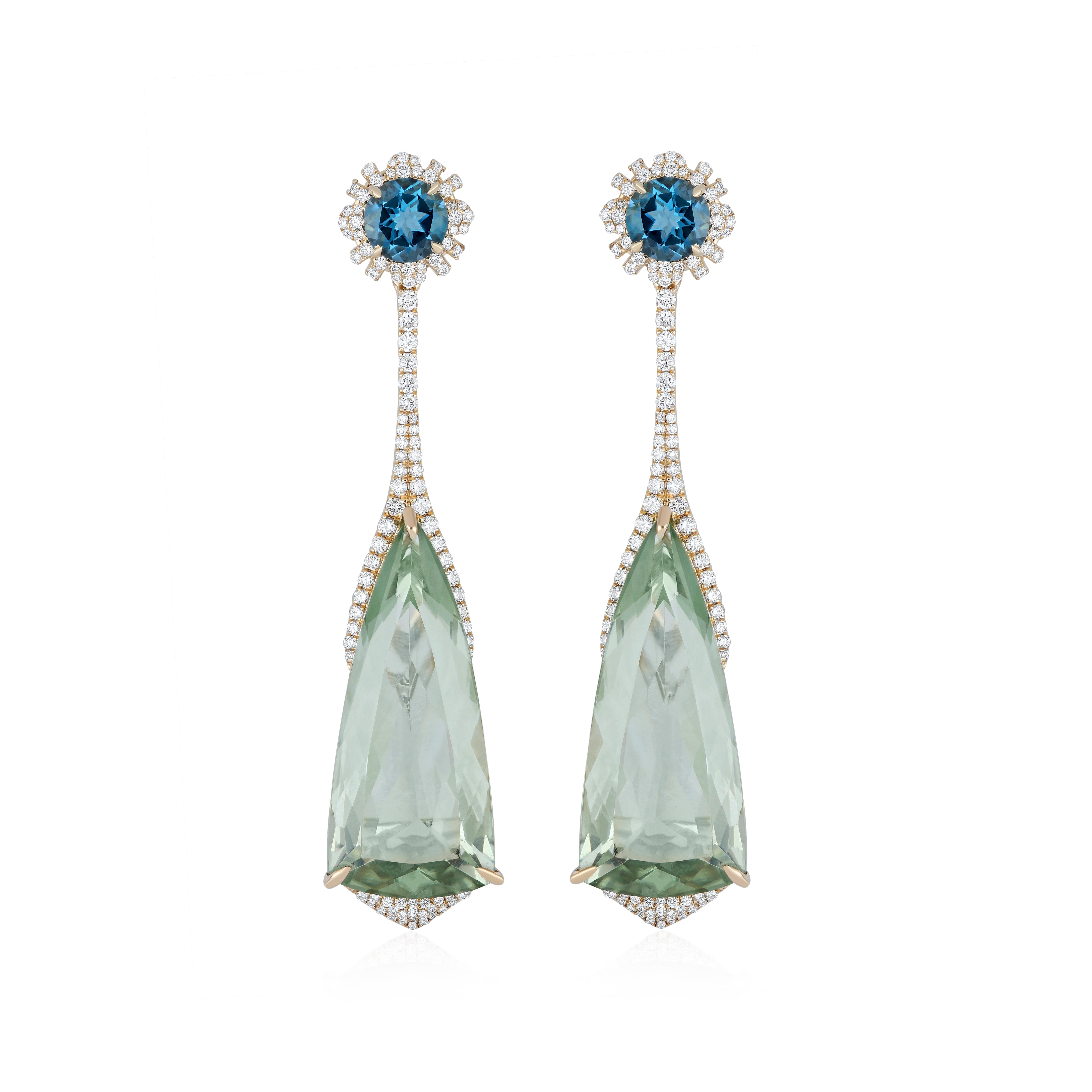 Taille mixte Boucles d'oreilles cloutées en or jaune 14 carats, quartz menthe, topaze bleue de Londres et diamants en vente