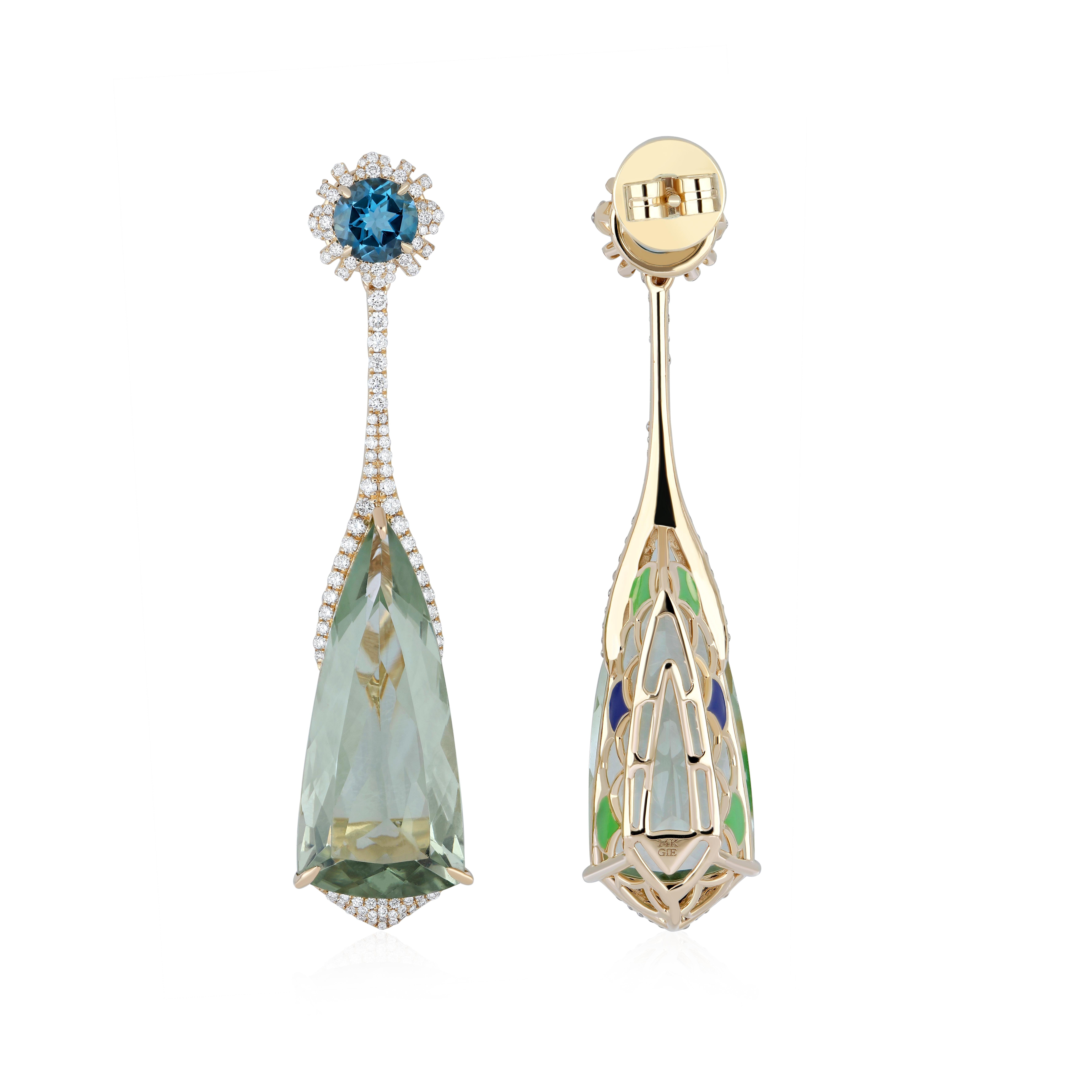 Boucles d'oreilles cloutées en or jaune 14 carats, quartz menthe, topaze bleue de Londres et diamants en vente 3