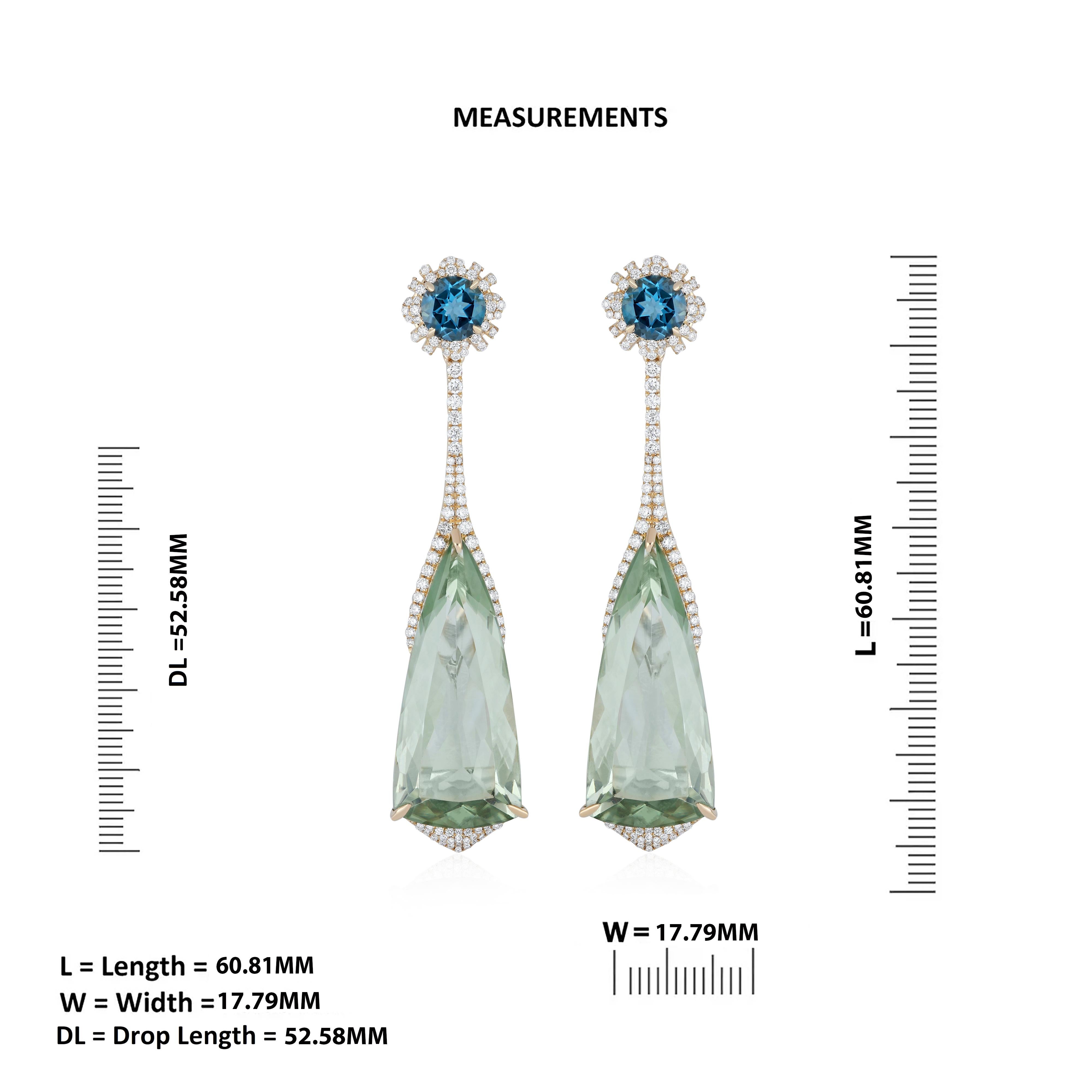 Boucles d'oreilles cloutées en or jaune 14 carats, quartz menthe, topaze bleue de Londres et diamants en vente 4