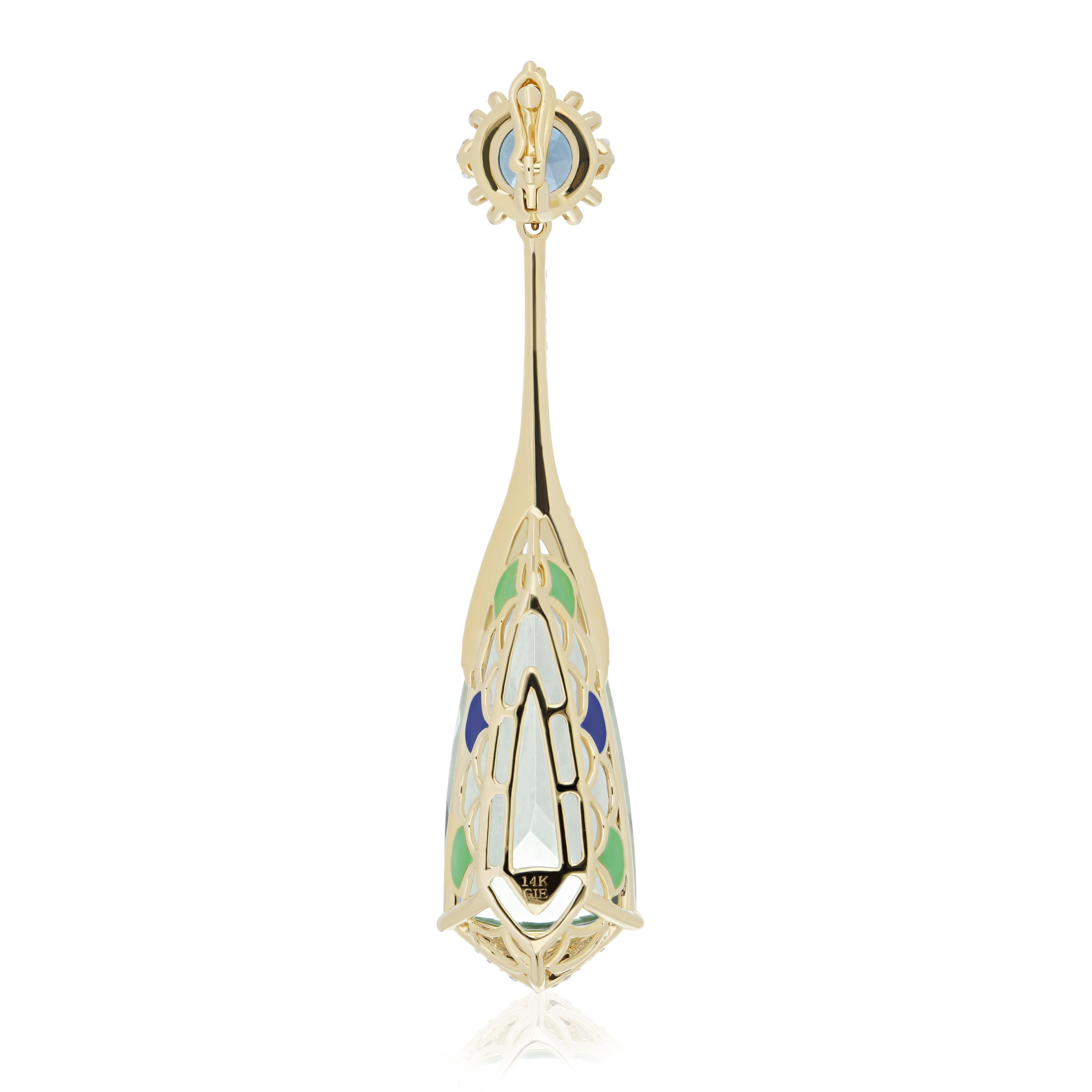 Mixed Cut Mint Quartz, London Blue Topaz & Diamond Studded in Pendant in 14K Yellow Gold For Sale