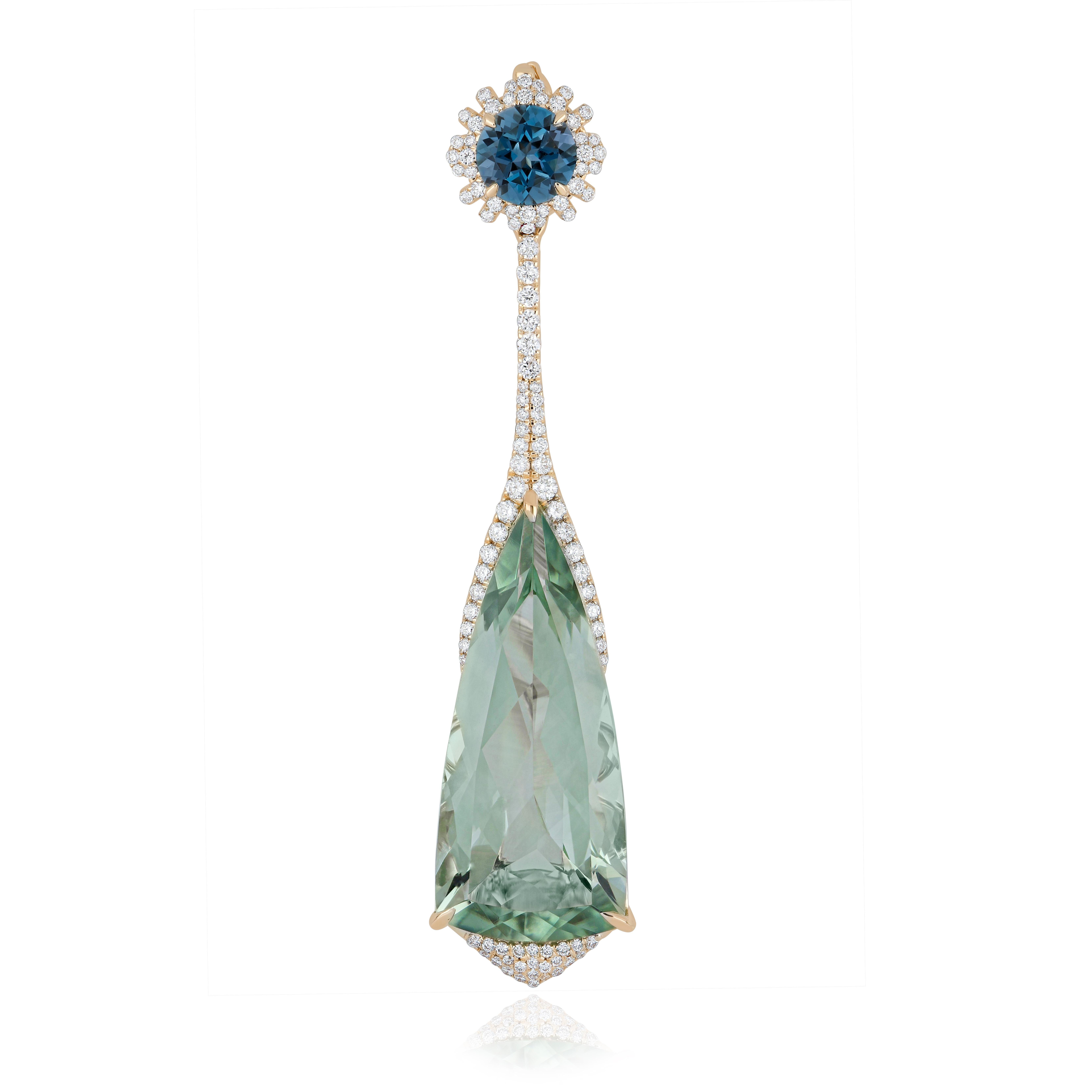 Mint Quartz, London Blue Topaz & Diamond Studded in Pendant in 14K Yellow Gold For Sale 1