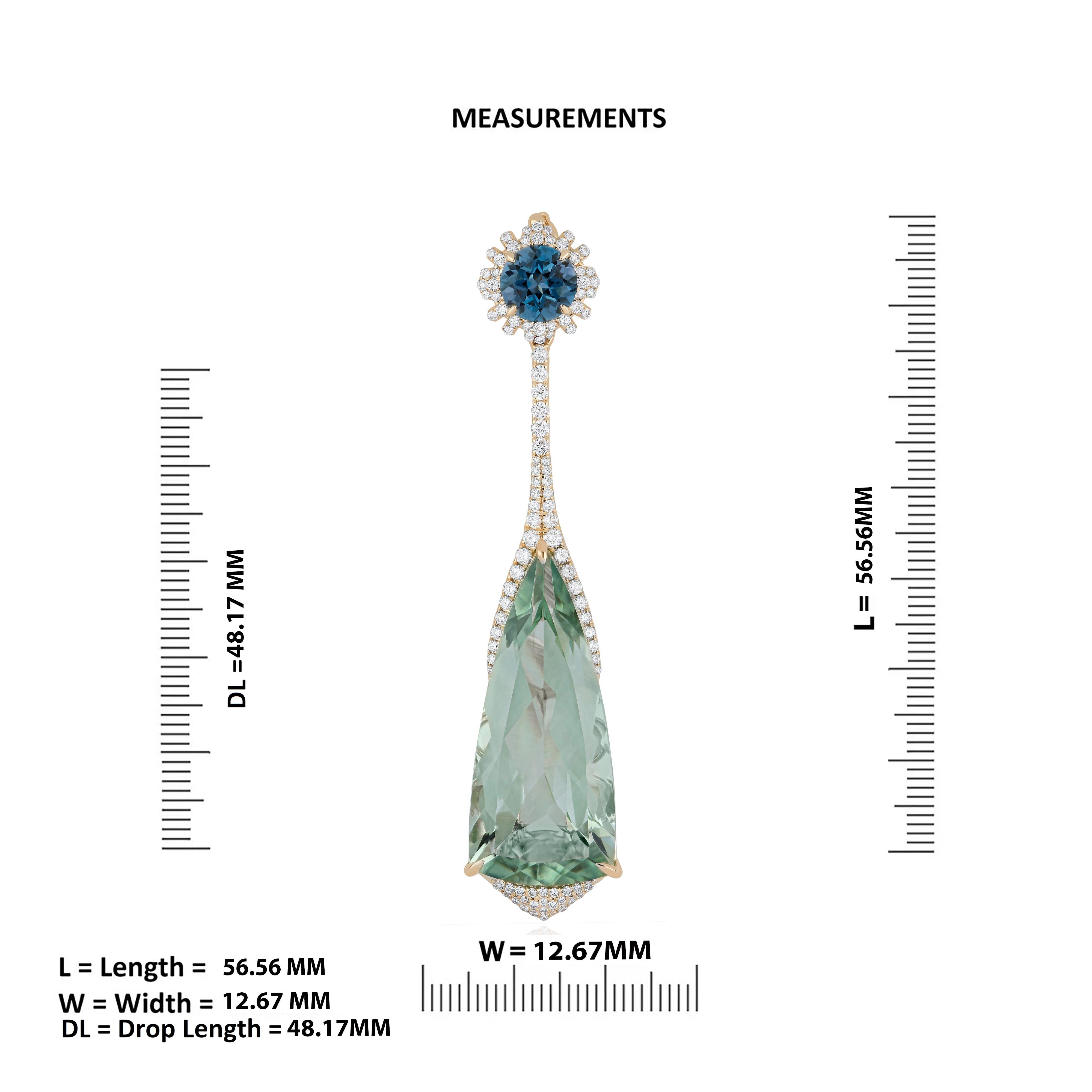 Mint Quartz, London Blue Topaz & Diamond Studded in Pendant in 14K Yellow Gold For Sale 2