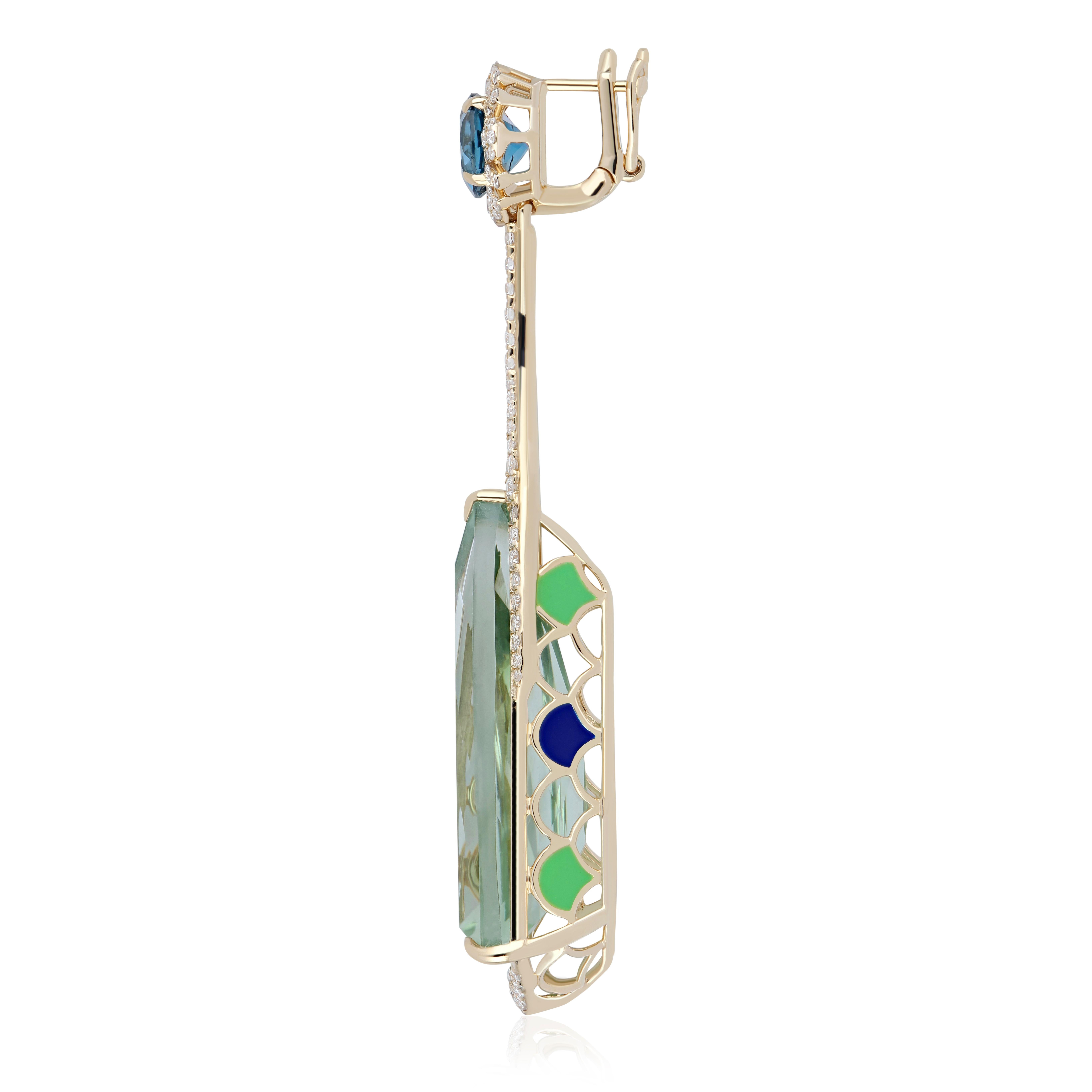Mint Quartz, London Blue Topaz & Diamond Studded in Pendant in 14K Yellow Gold For Sale 3