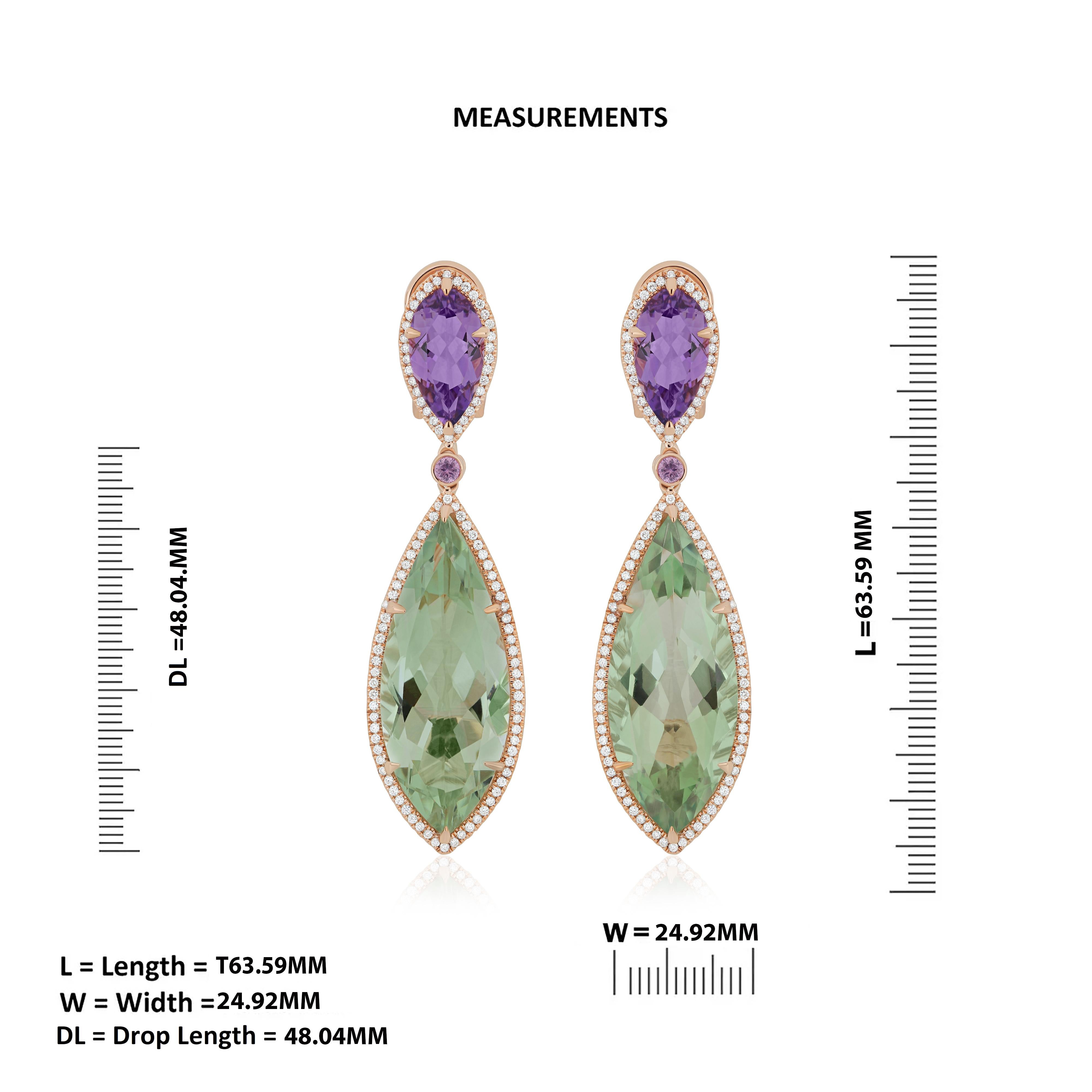 Mint Quartz, Pink Amethyst, Pink Sapphire Diamond Earring 18k Rose Gold Earring In New Condition For Sale In JAIPUR, IN