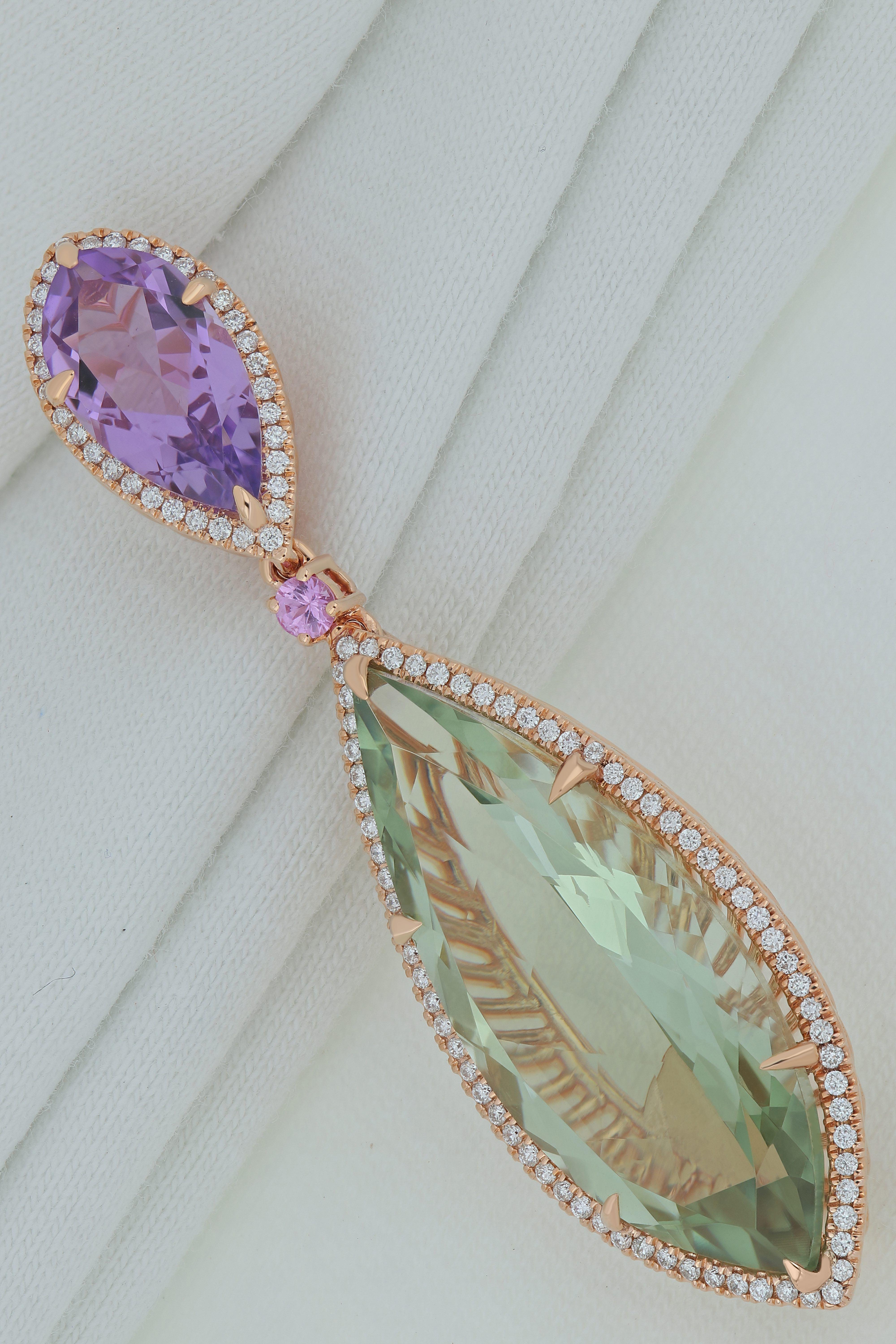 Quarzo menta, ametista rosa, zaffiro rosa, ciondolo con diamante, orecchini in oro 18 carati in vendita 7