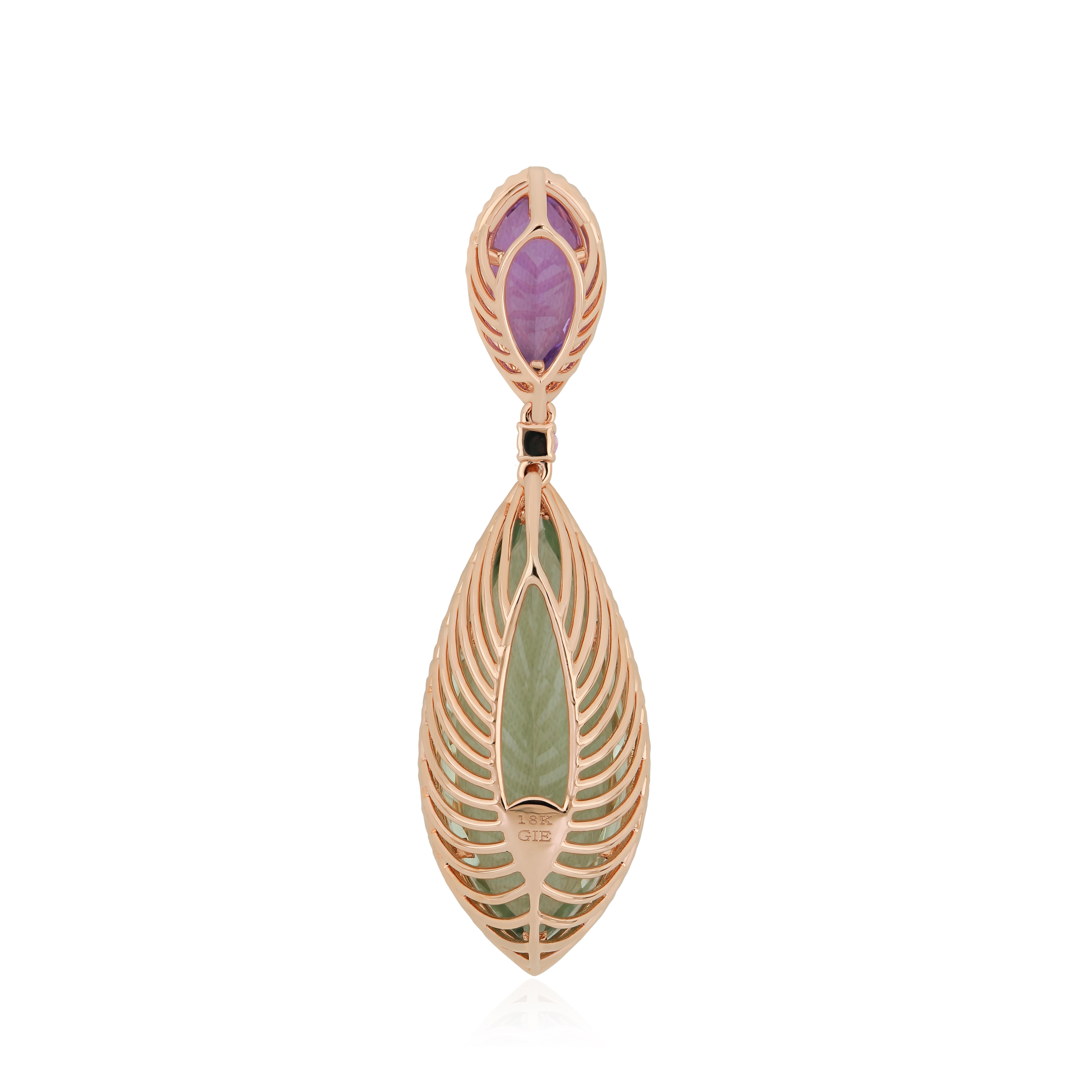 Moderno Ciondolo con quarzo menta, ametista rosa, zaffiro rosa e diamante in oro rosa 18 ct. in vendita