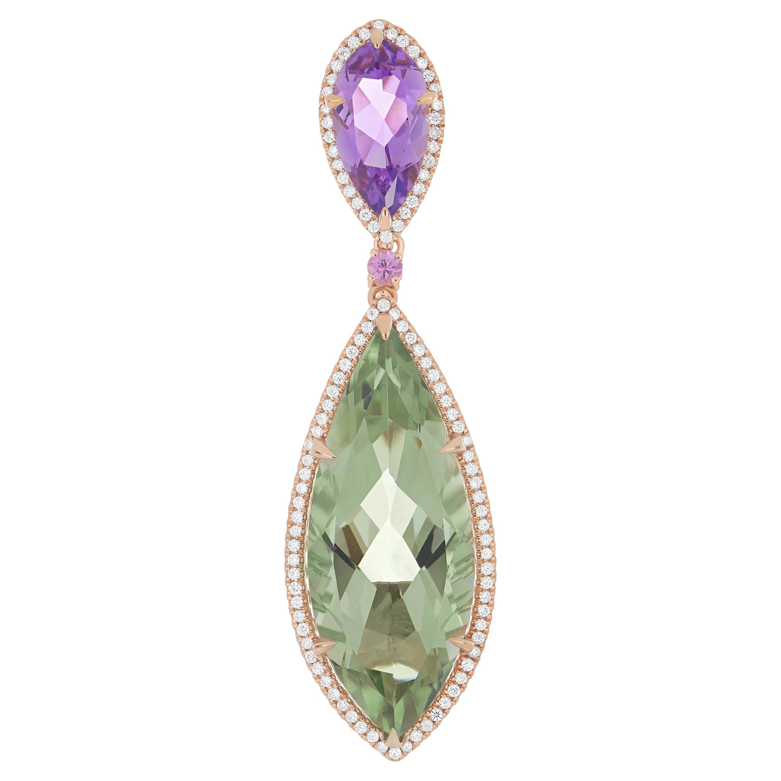 Mint Quartz, Pink Amethyst, Pink Sapphire & Diamond Pendant in 18k Rose Gold