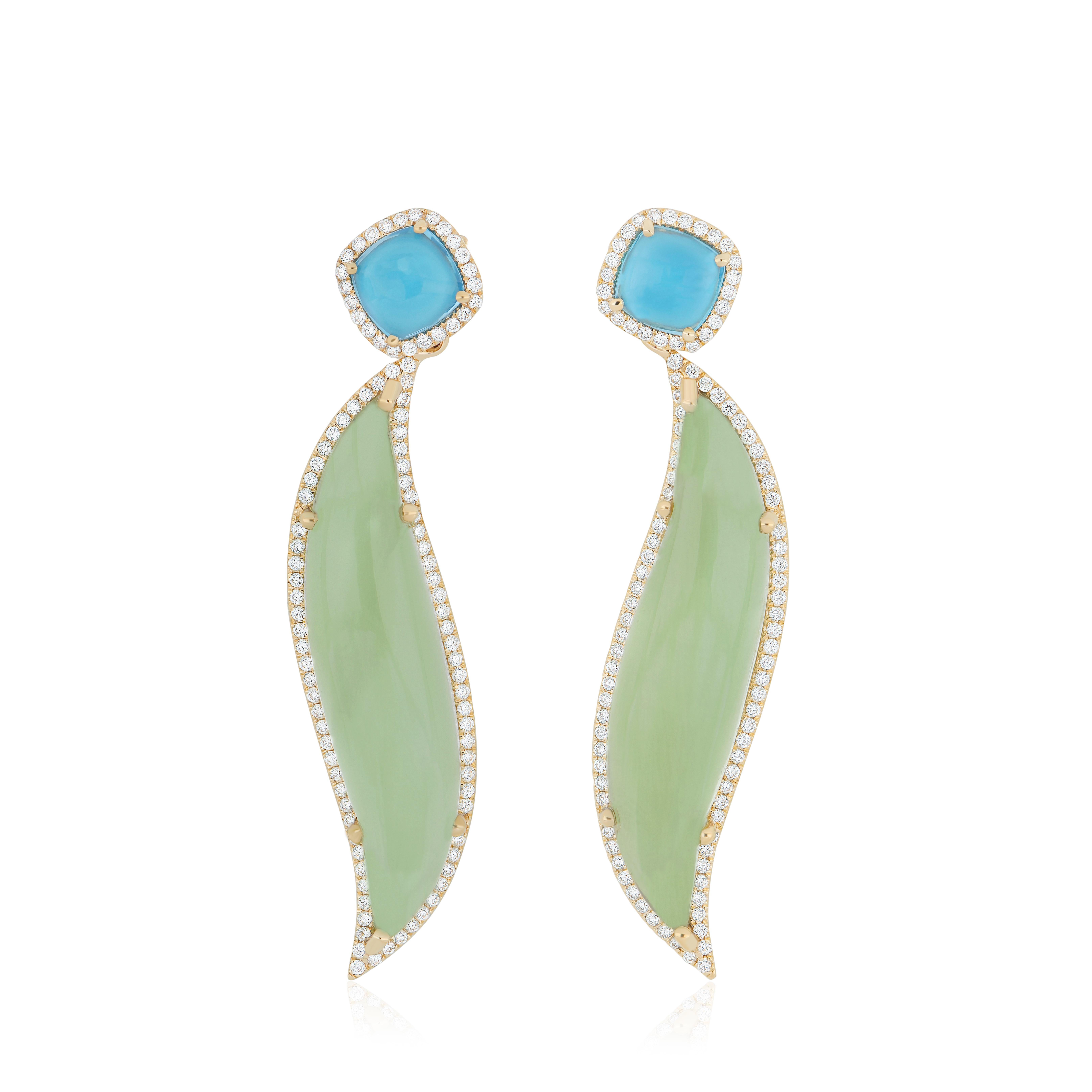 Donna Orecchino in quarzo menta, topazio blu svizzero e diamanti in oro giallo 14k fatto a mano in vendita