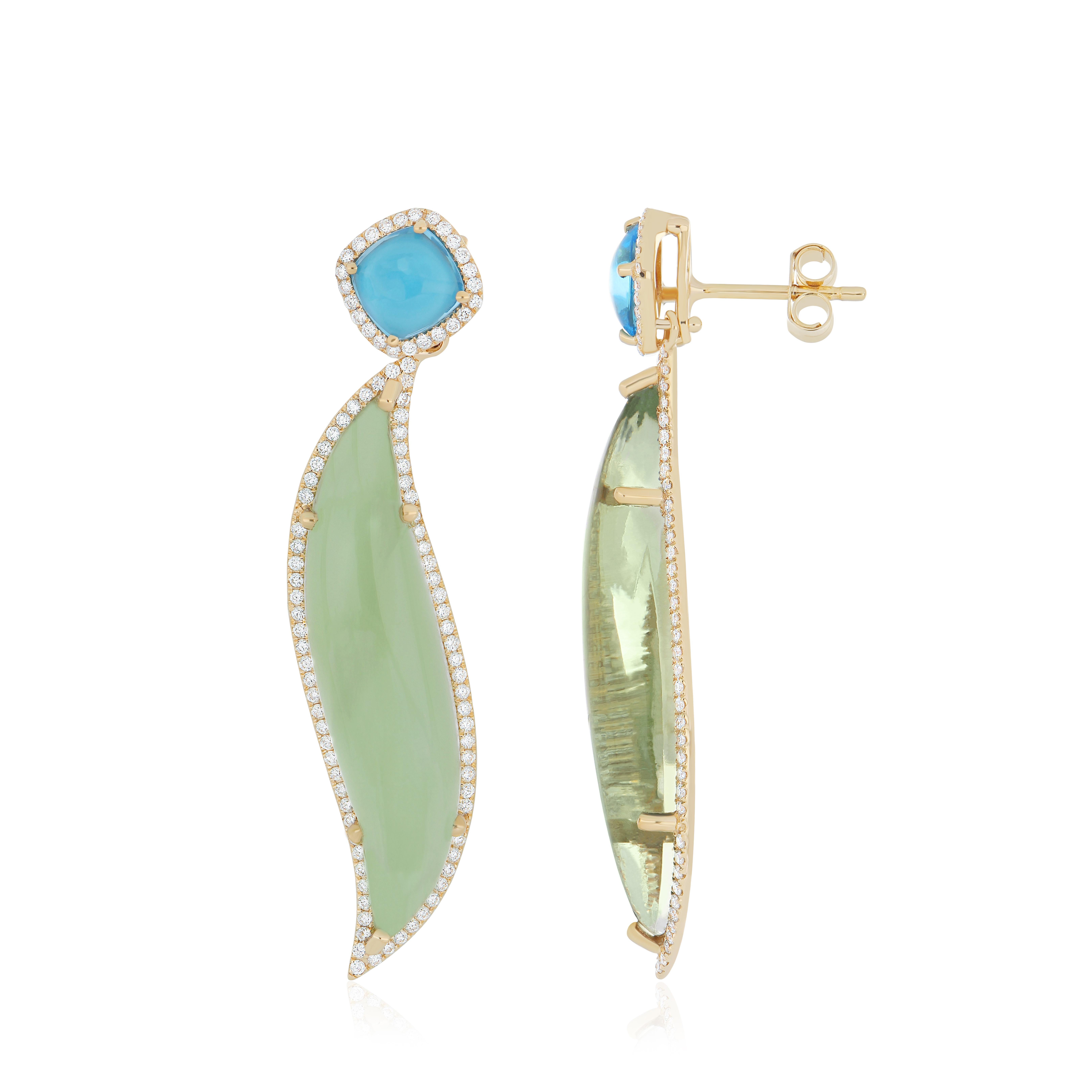 Orecchino in quarzo menta, topazio blu svizzero e diamanti in oro giallo 14k fatto a mano in vendita 4