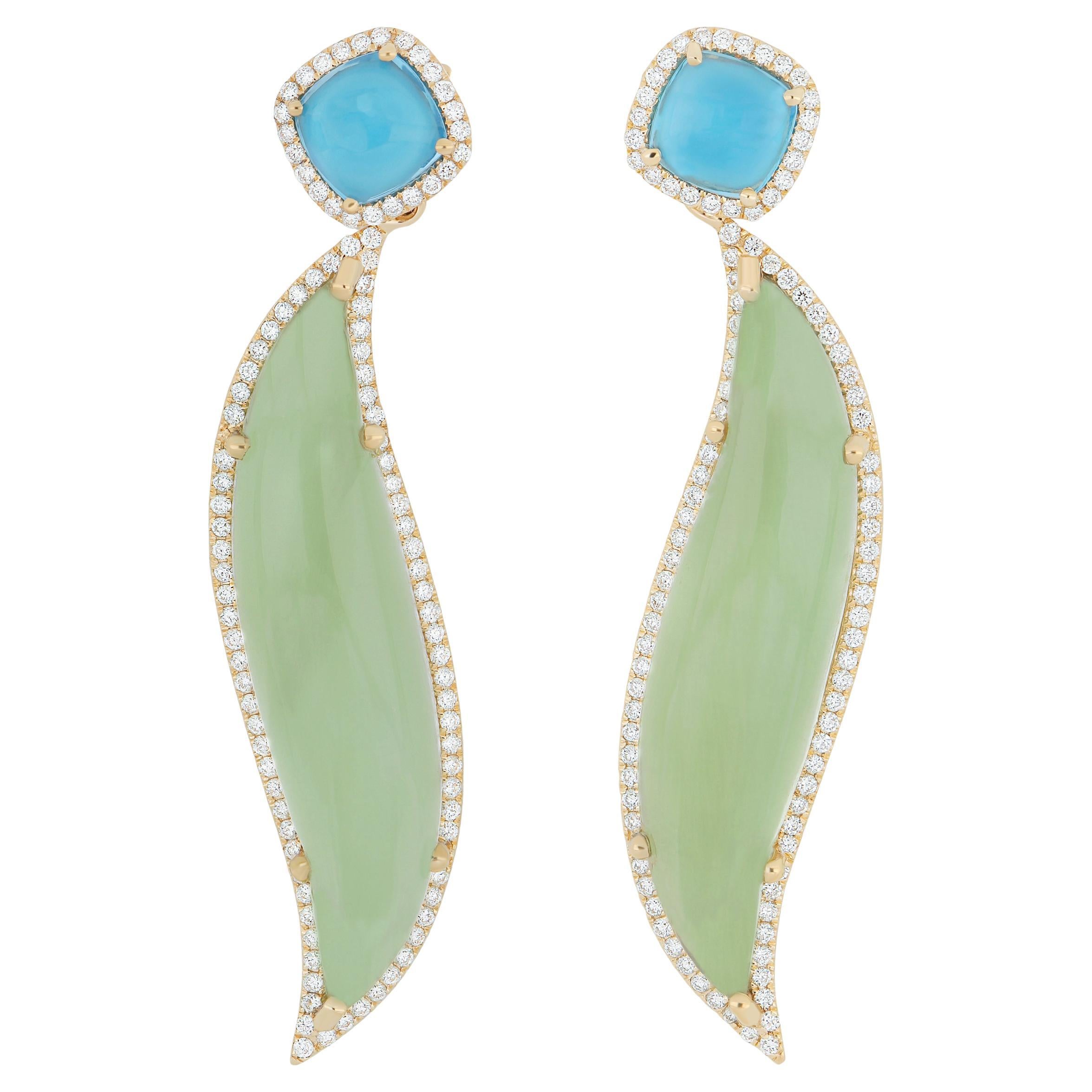 Mint Quartz, Swiss Blue Topaz and Diamond Earring 14k Yellow Gold Handmade