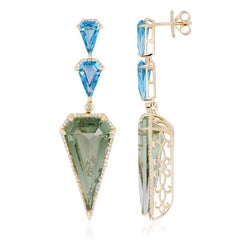 Mint Quartz, Swiss Blue Topaz and Diamond Earring in 14k Yellow Gold Earring