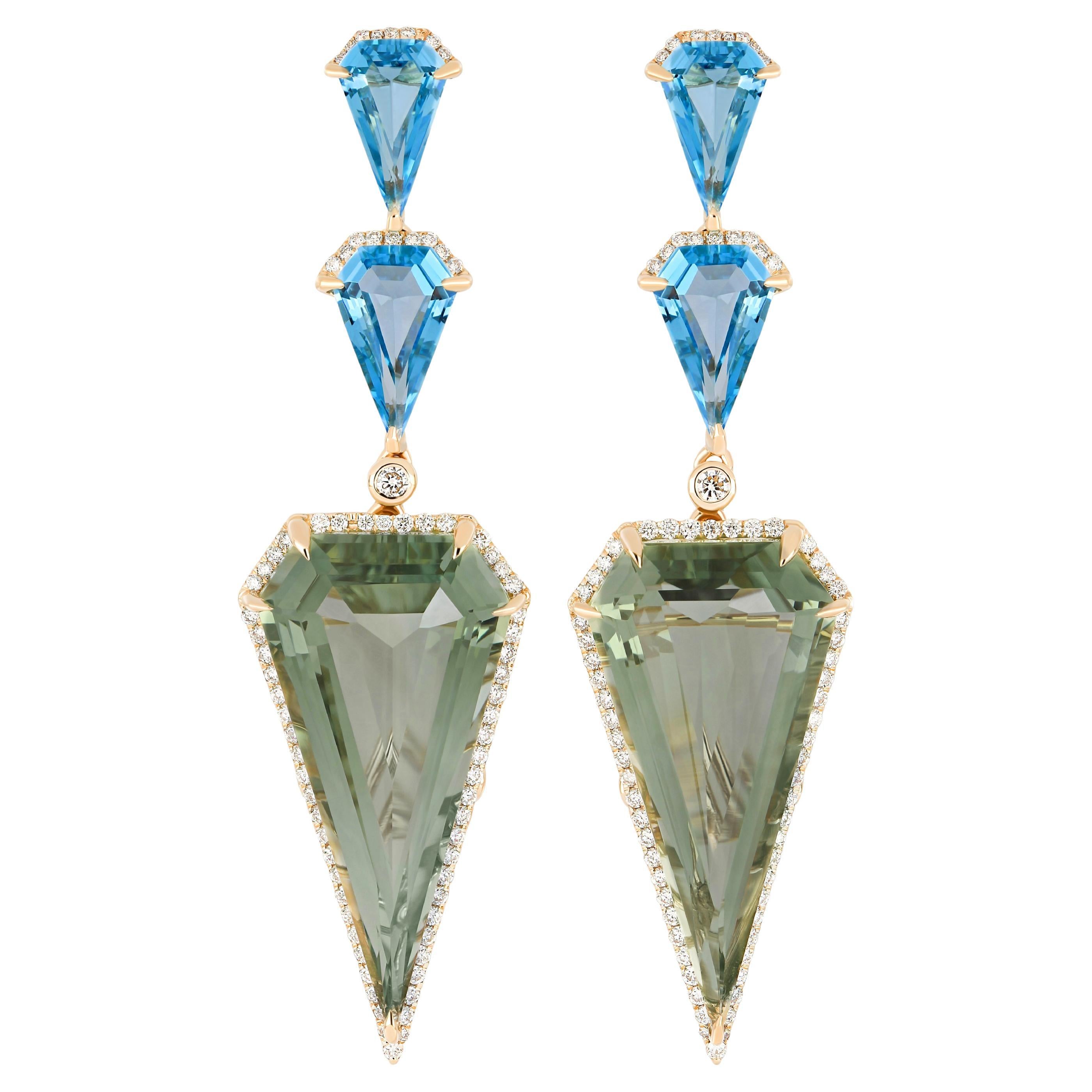 Mint Quartz, Swiss Blue Topaz and Diamond Earring in 14k Yellow Gold Earring