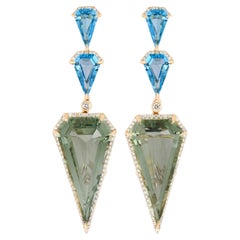 Pendiente de Cuarzo Menta, Topacio Azul Suizo y Diamante en Oro Amarillo de 14k
