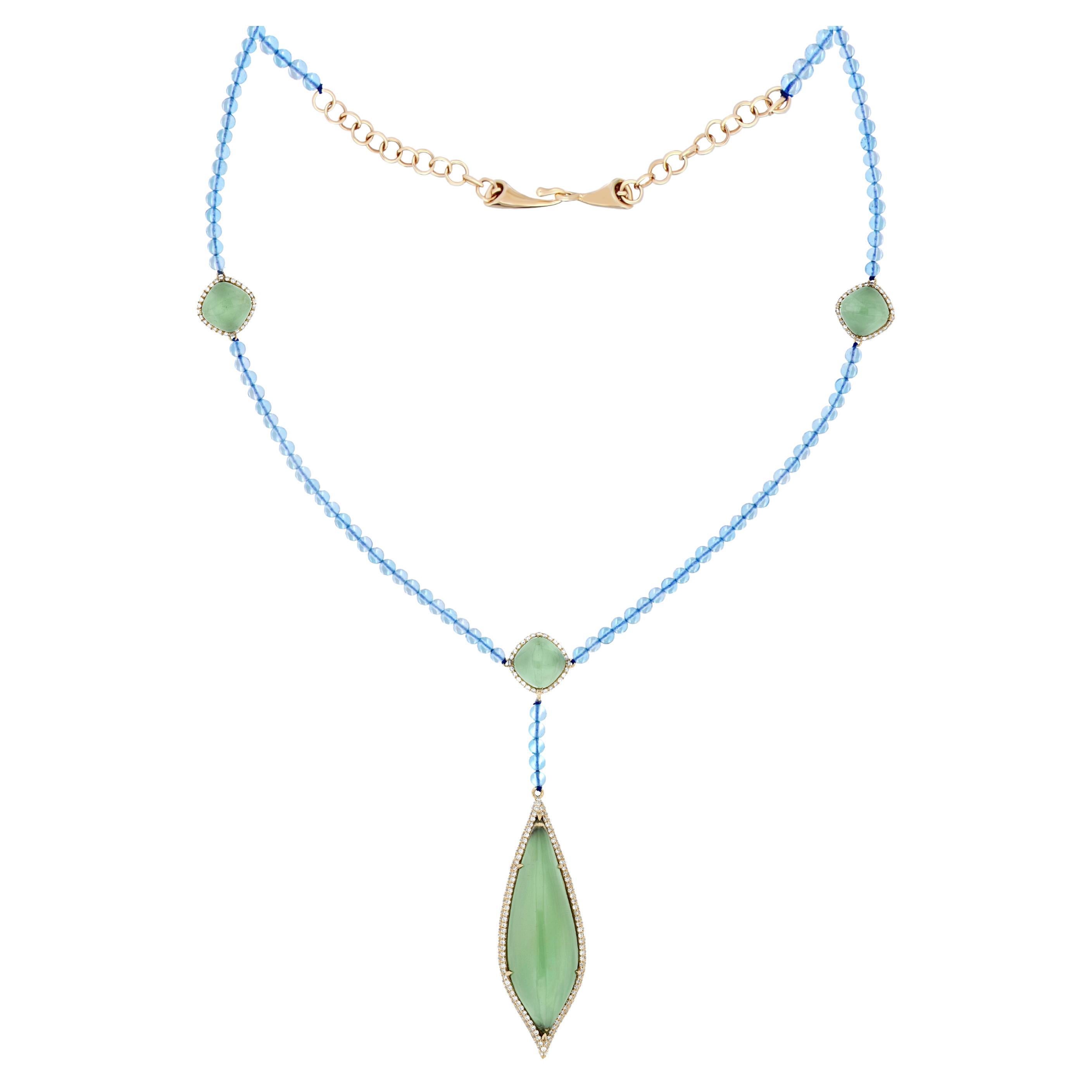 Halskette aus 14 Karat Gelbgold mit Mintquarz, Schweizer blauem Topas und Diamanten