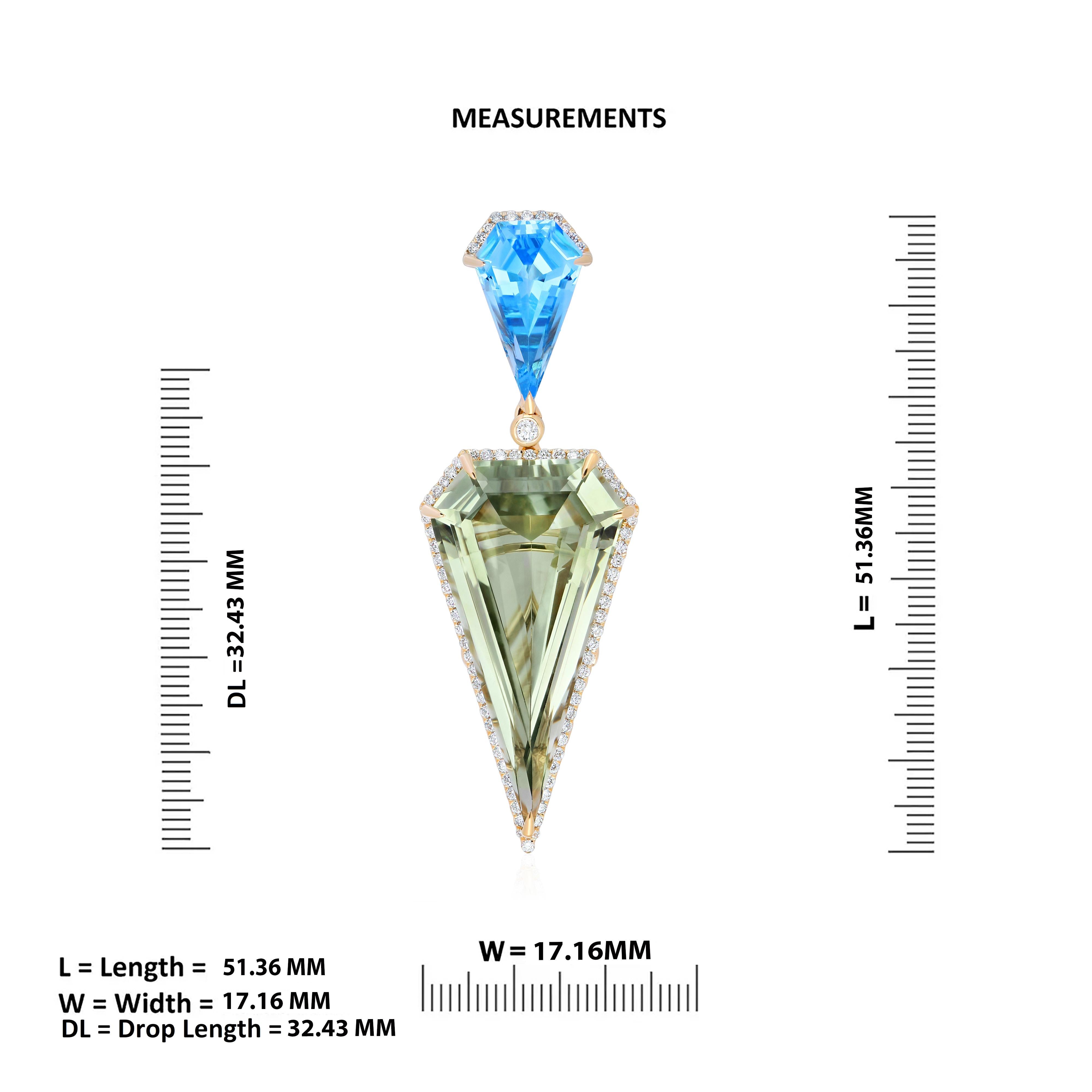 Kite Cut Mint Quartz, Swiss Blue Topaz and Diamond Pendant in 14k Yellow Gold Pendant For Sale