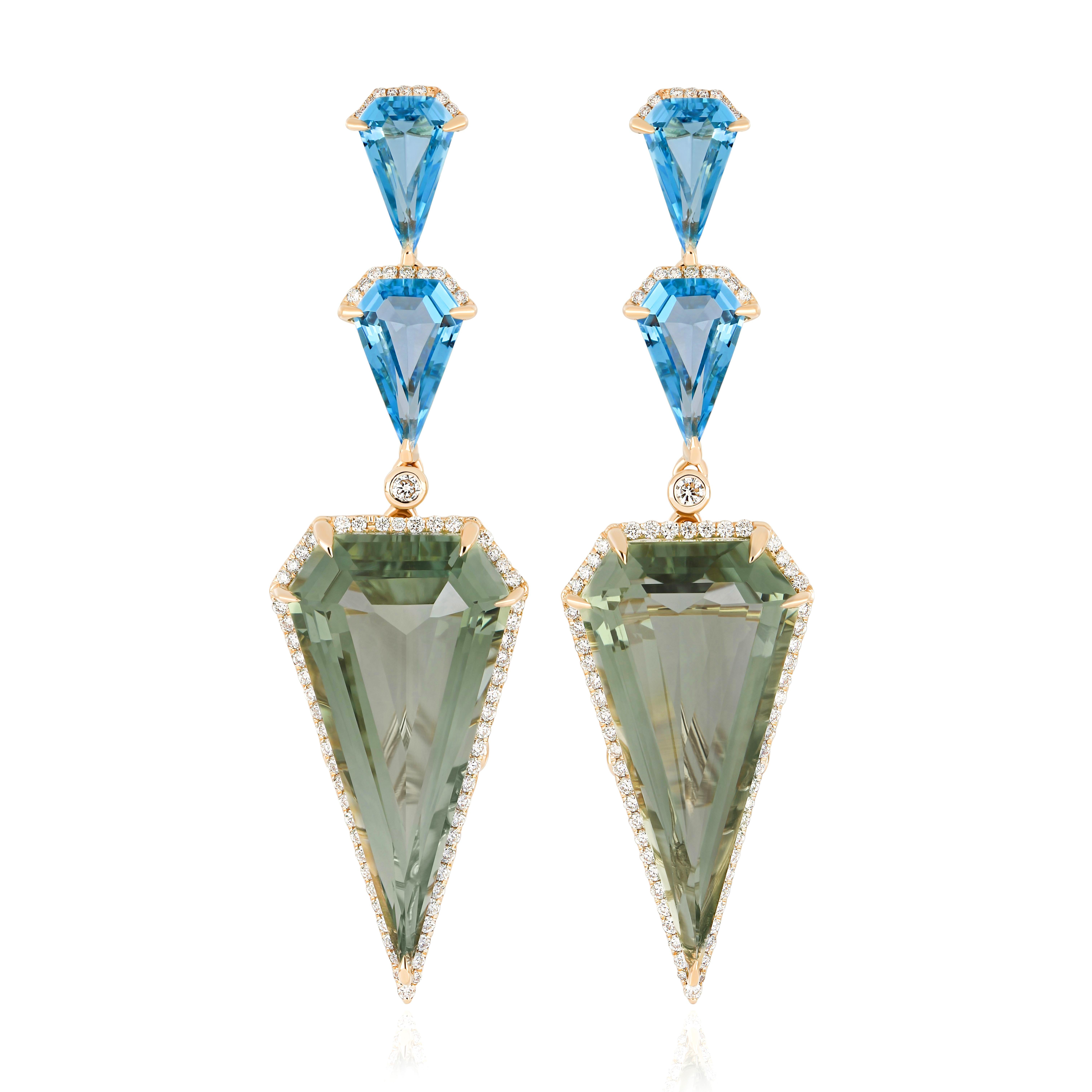 Women's Mint Quartz, Swiss Blue Topaz and Diamond Pendant in 14k Yellow Gold Pendant For Sale