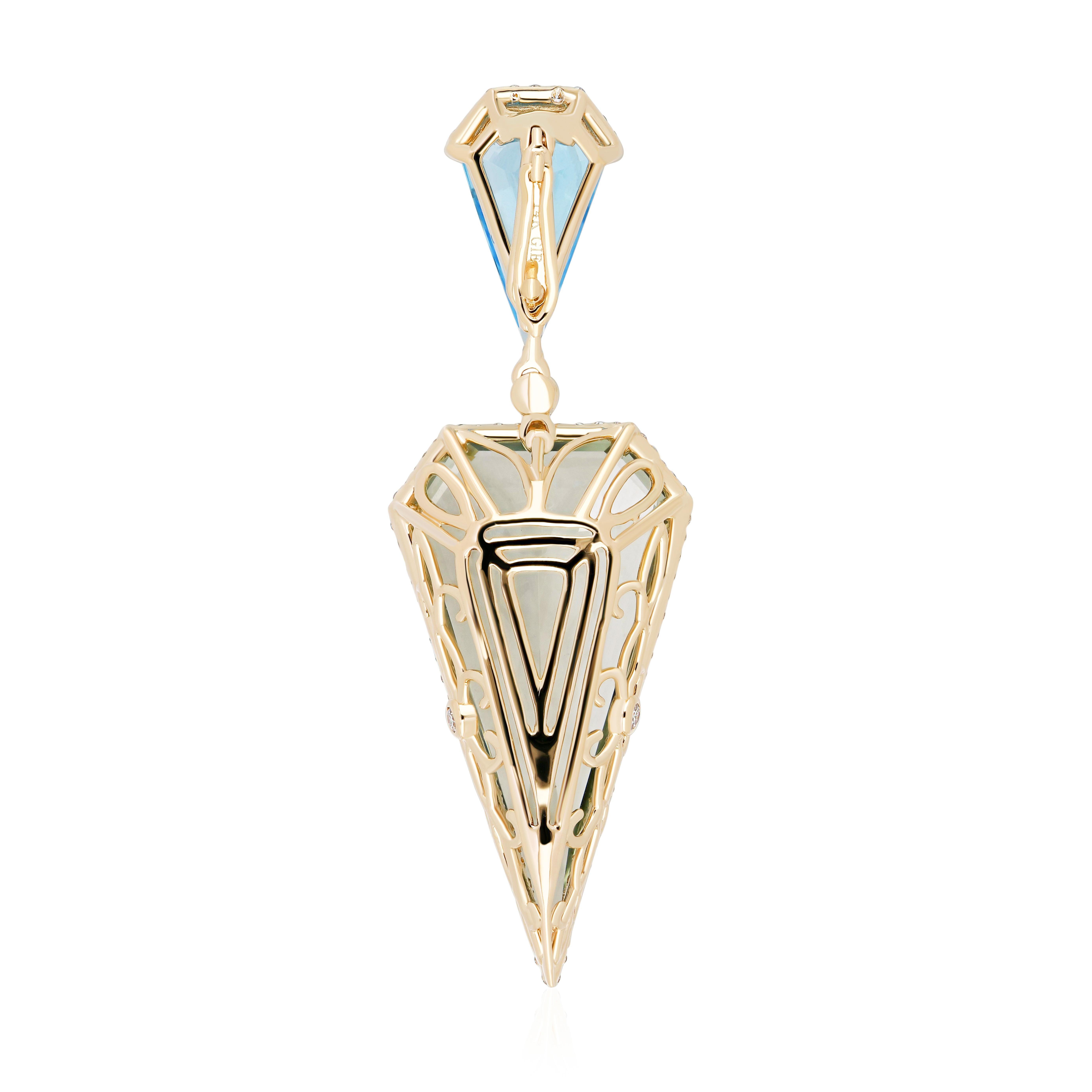 Women's Mint Quartz, Swiss Blue Topaz and Diamond Pendant in 14k Yellow Gold Pendant For Sale