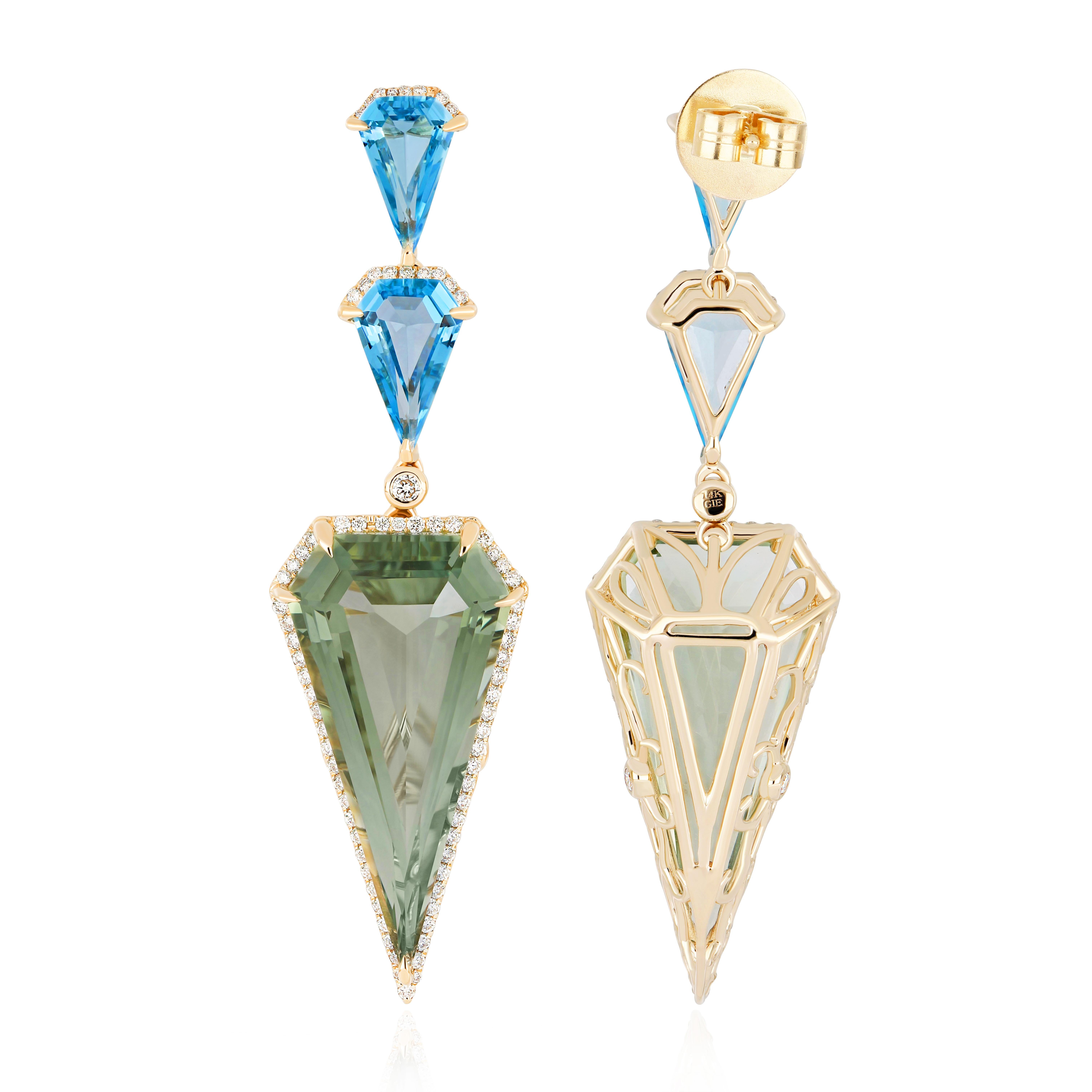 Mint Quartz, Swiss Blue Topaz and Diamond Pendant in 14k Yellow Gold Pendant For Sale 2