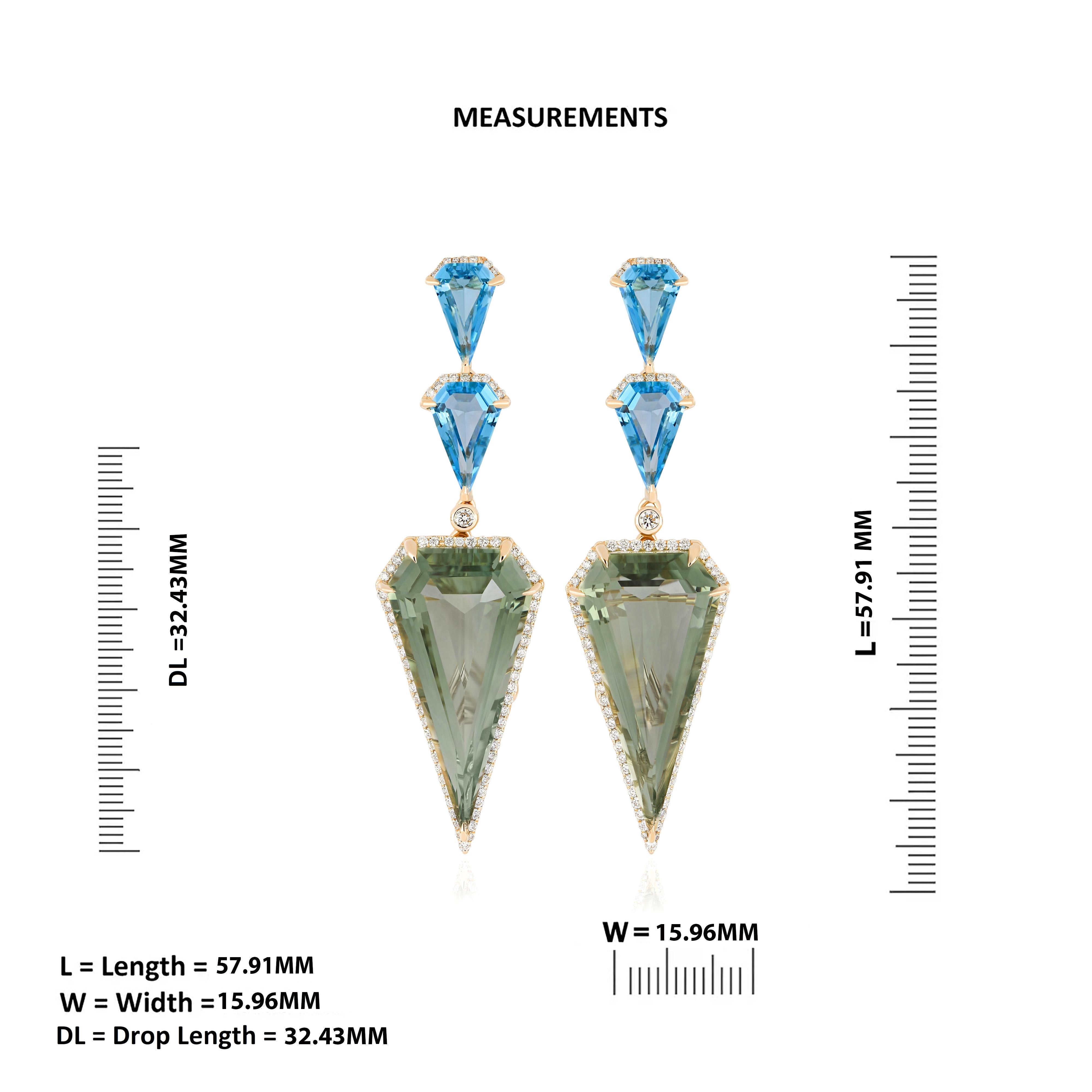 Mint Quartz, Swiss Blue Topaz and Diamond Pendant in 14k Yellow Gold Pendant For Sale 3
