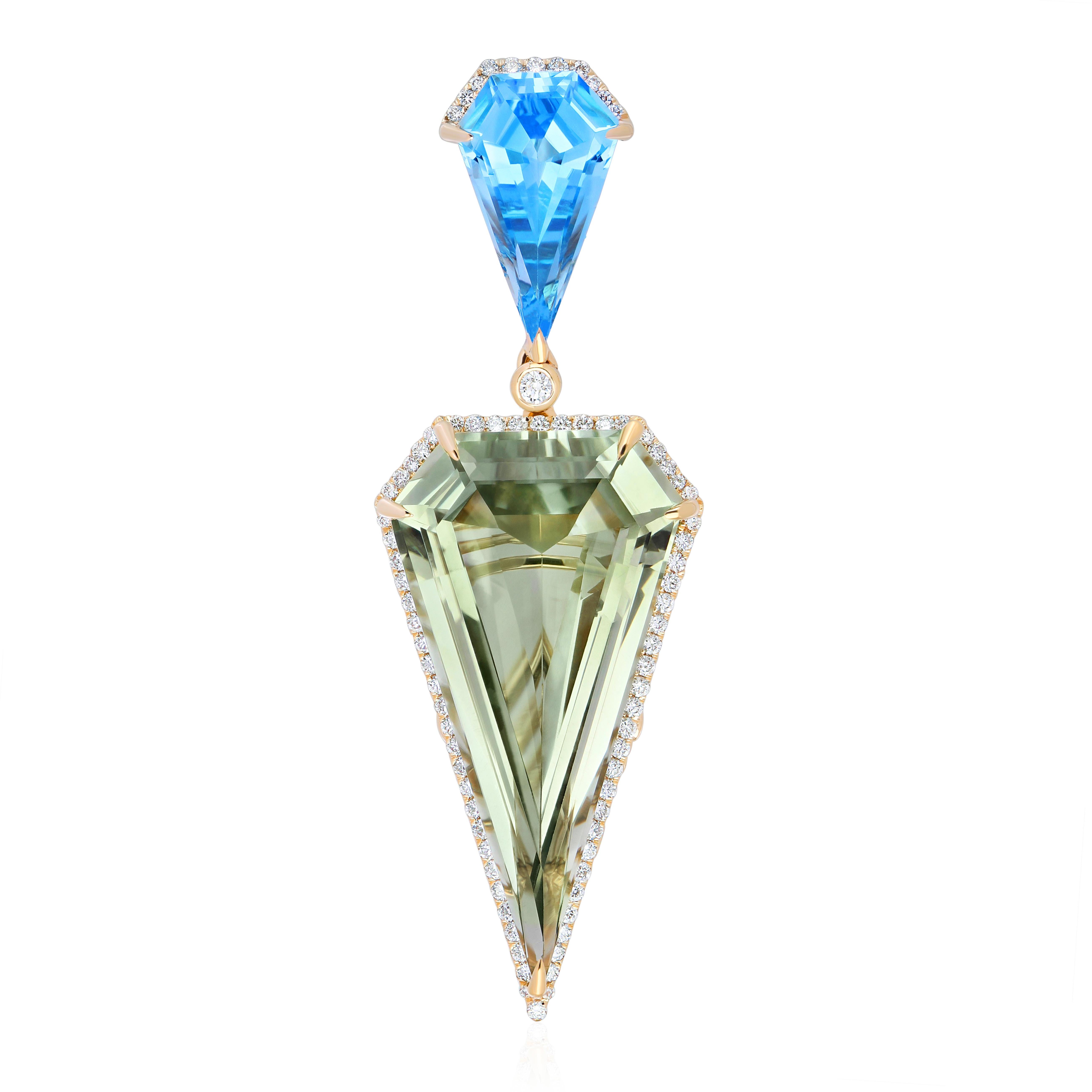 Mint Quartz, Swiss Blue Topaz and Diamond Pendant in 14k Yellow Gold Pendant For Sale 2