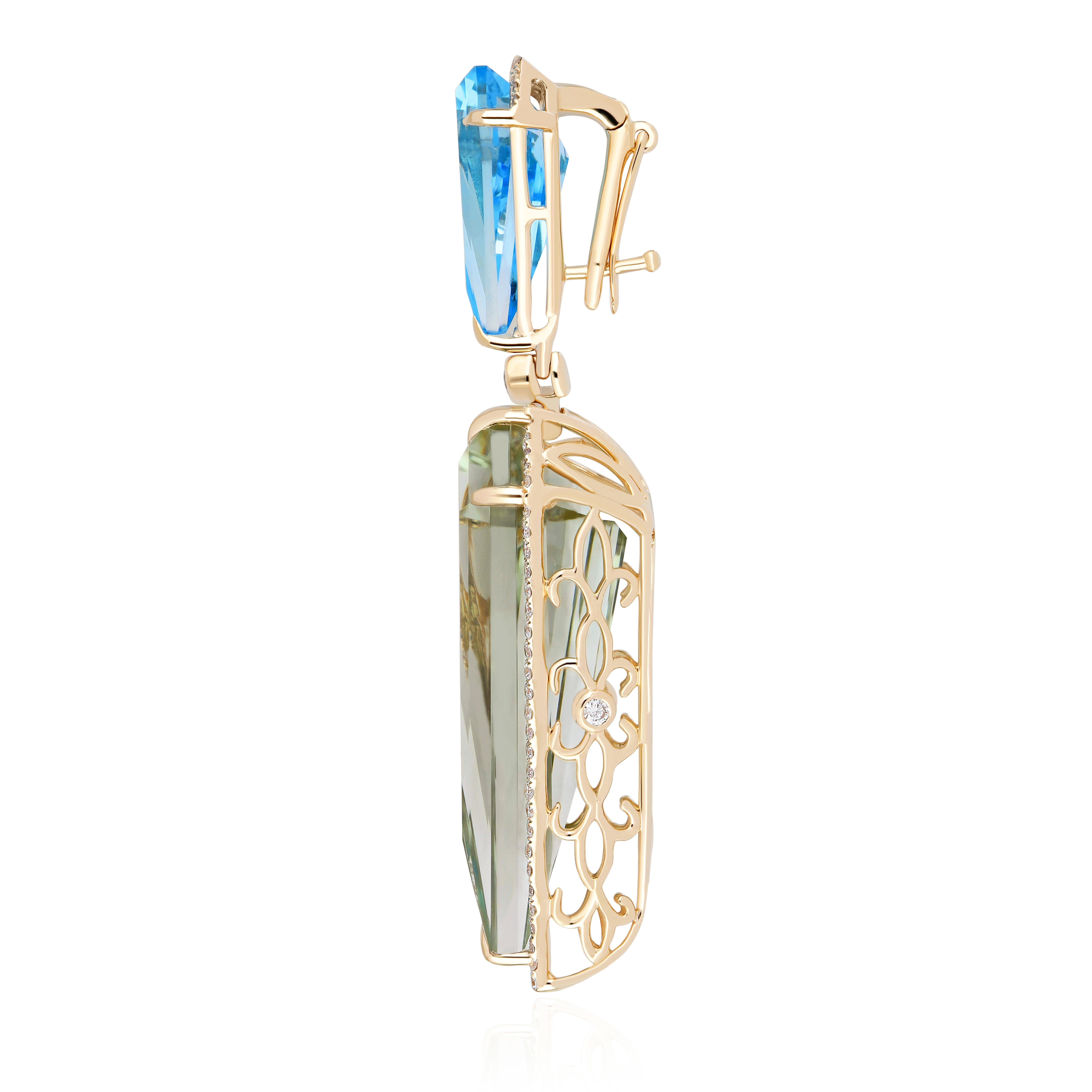 Kite Cut Mint Quartz, Swiss Blue Topaz and Diamond Pendant in 14k Yellow Gold Pendant For Sale
