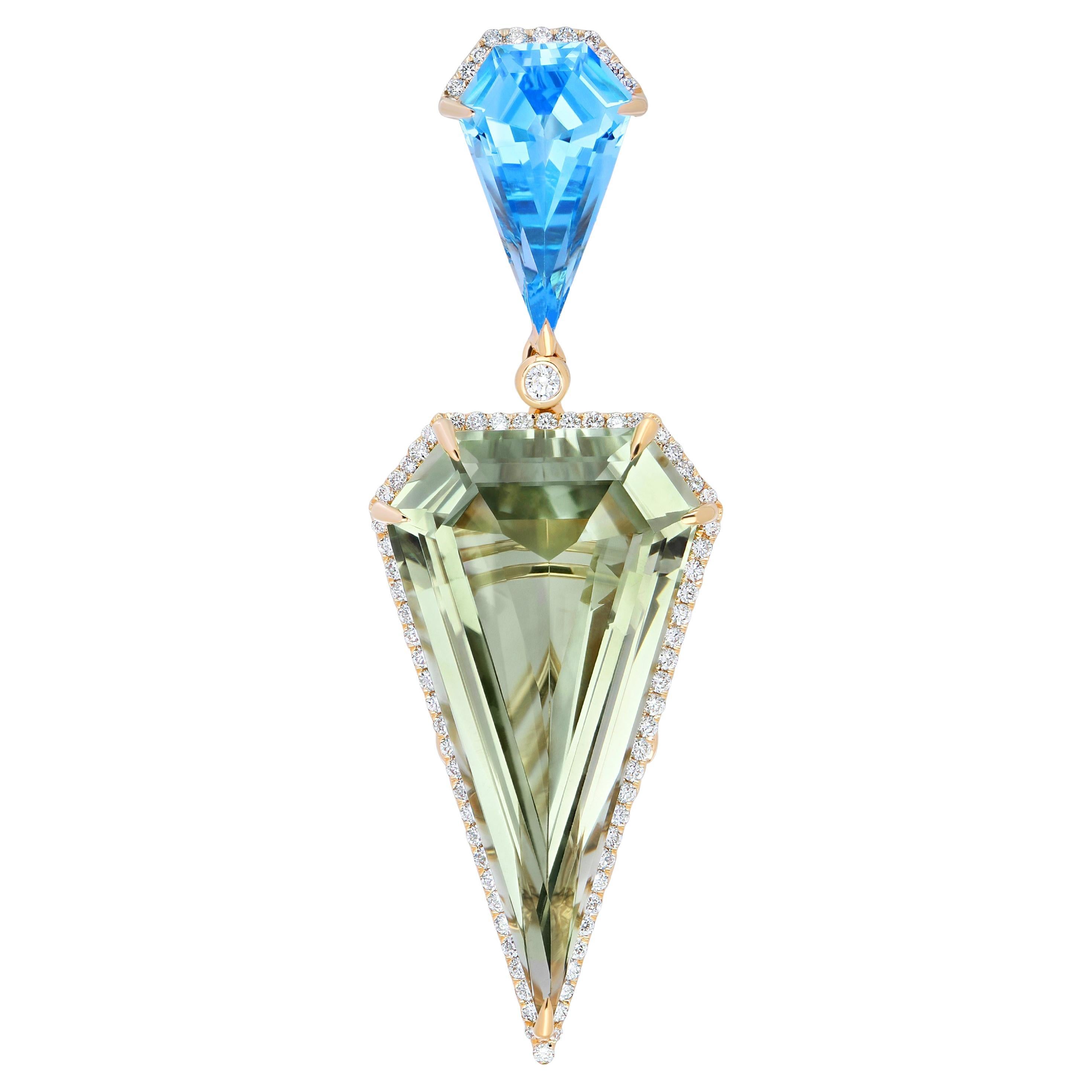 Colgante de Cuarzo Menta, Topacio Azul Suizo y Diamante en Oro Amarillo de 14k