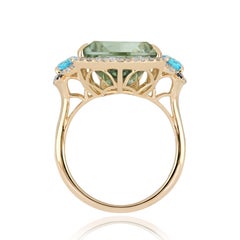 Mint Quartz, Swiss Blue Topaz and Diamond Ring in 14K Yellow Gold HandCraft Ring