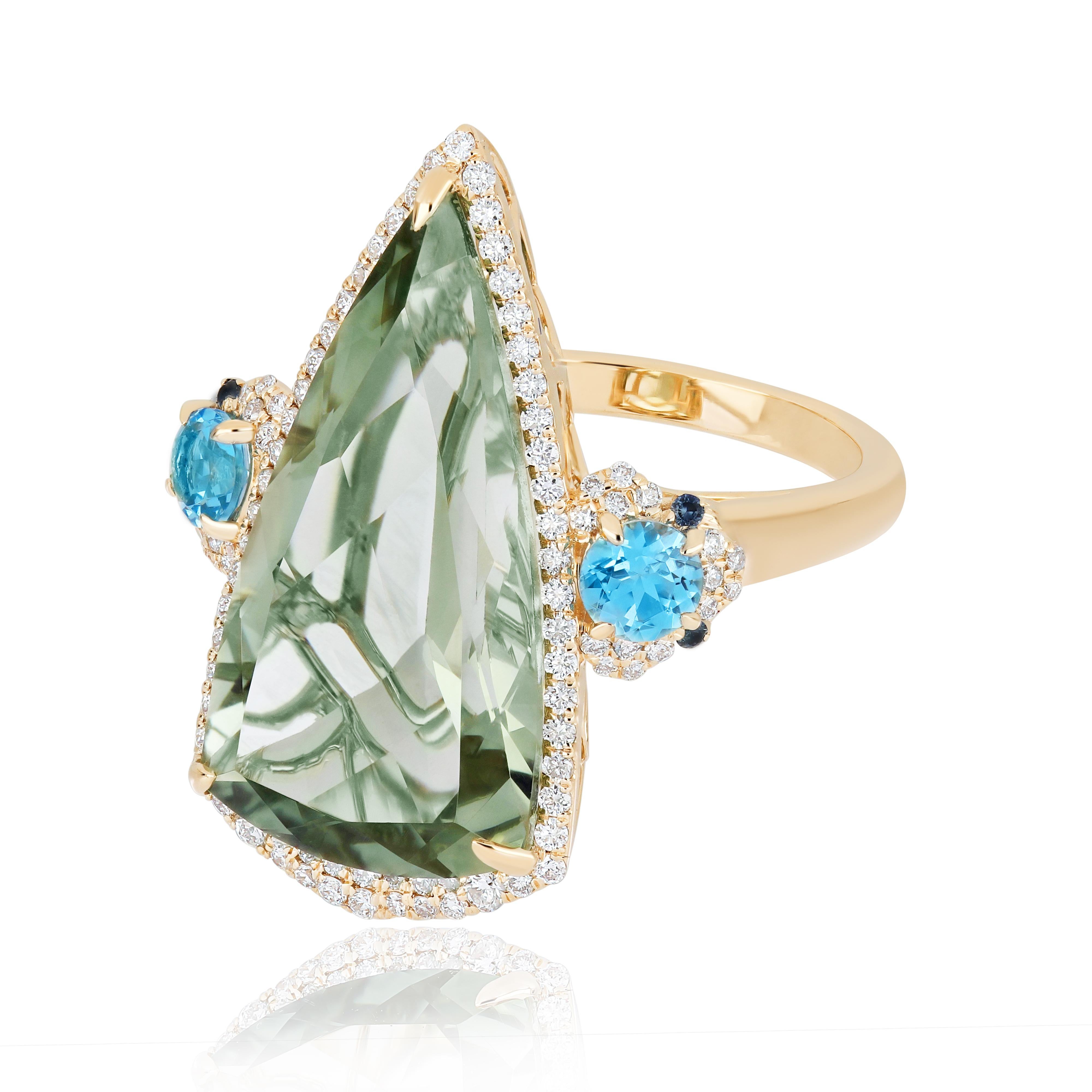 Mixed Cut Mint Quartz, Swiss Blue Topaz and Diamond Ring in 14K Yellow Gold HandCraft Ring For Sale