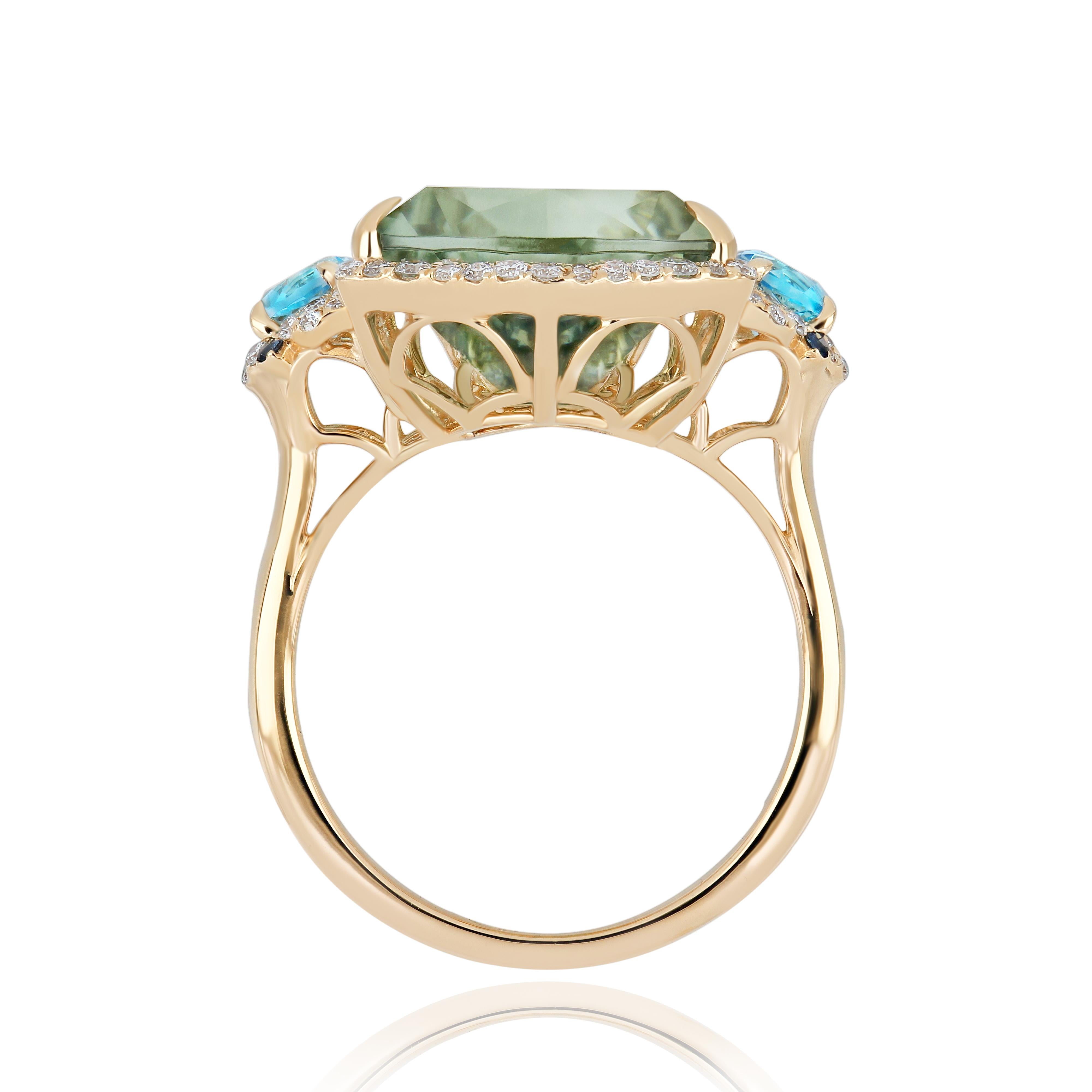 Mint Quartz, Swiss Blue Topaz and Diamond Ring in 14K Yellow Gold HandCraft Ring In New Condition For Sale In JAIPUR, IN
