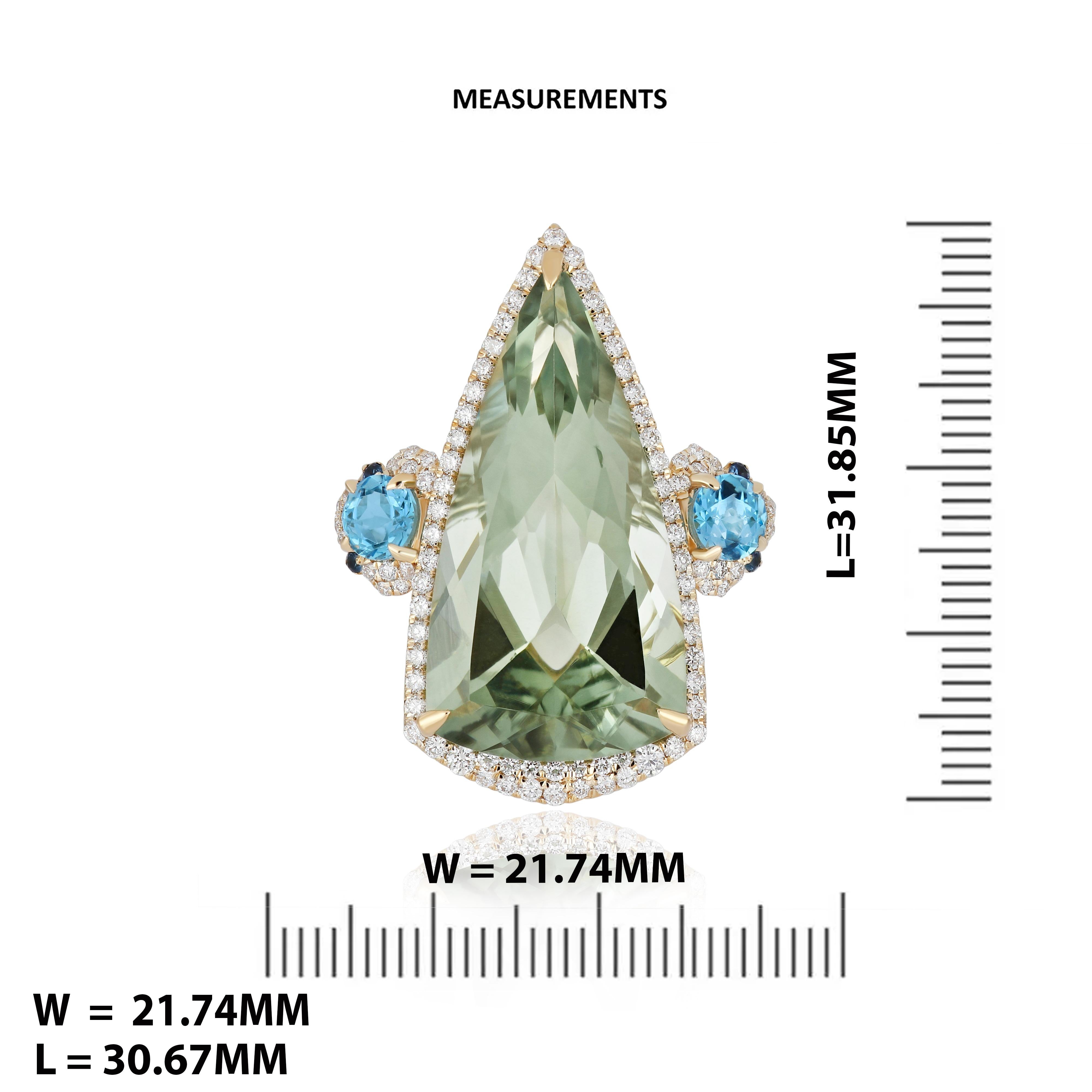 Women's Mint Quartz, Swiss Blue Topaz and Diamond Ring in 14K Yellow Gold HandCraft Ring For Sale