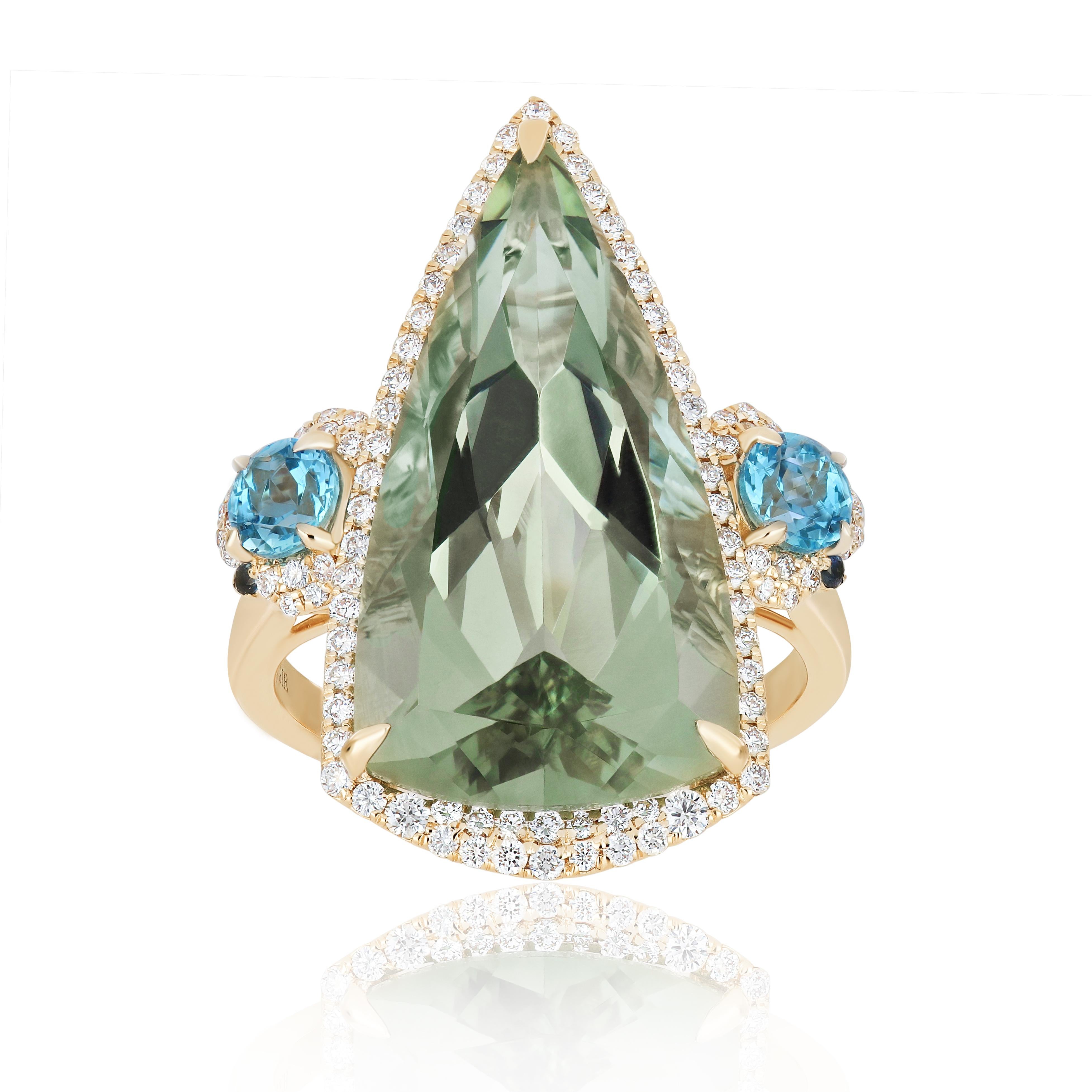 Mint Quartz, Swiss Blue Topaz and Diamond Ring in 14K Yellow Gold HandCraft Ring For Sale 2