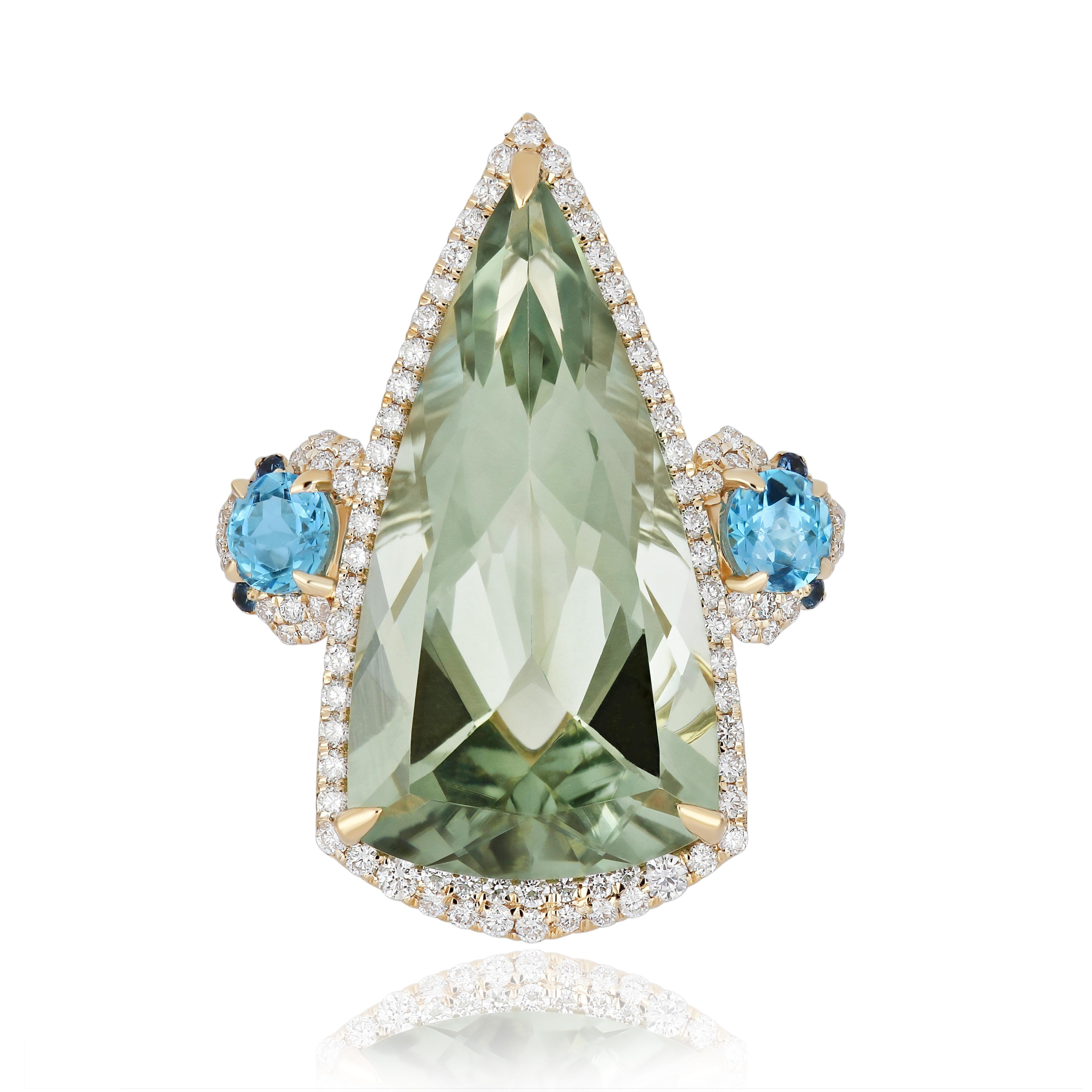 Mint Quartz, Swiss Blue Topaz and Diamond Ring in 14K Yellow Gold HandCraft Ring For Sale 1