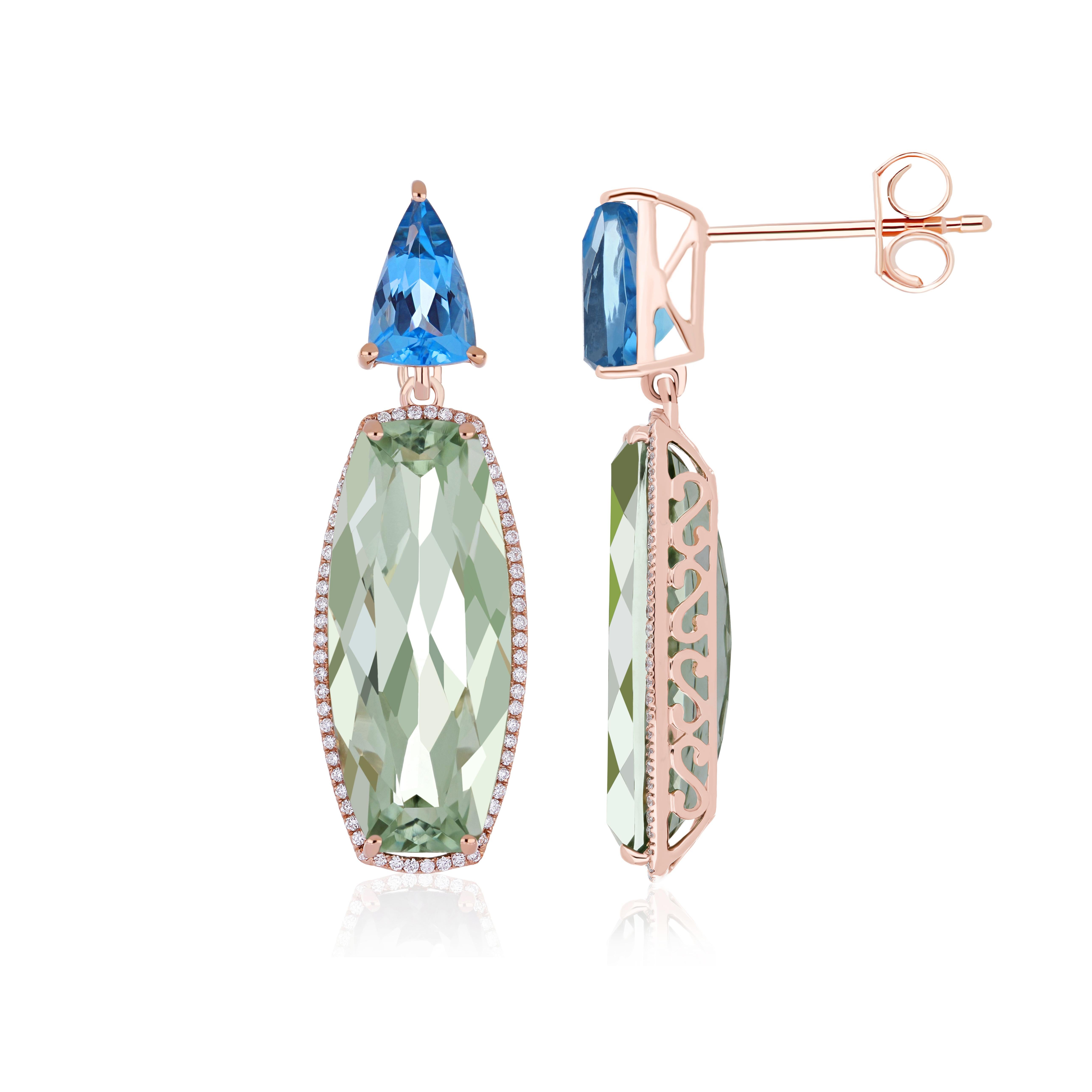 Elegant and Exquisitely Detailed 14Karat Rose Gold Earring in Cushion Sharp Corner Mint Quartz weighing approx. 13.05Cts, Swiss Blue Topaz in Faceted and Trillion Shape Weighing approx. 2.08Cts and Micro prove Set Diamond weighing 0.30Cts