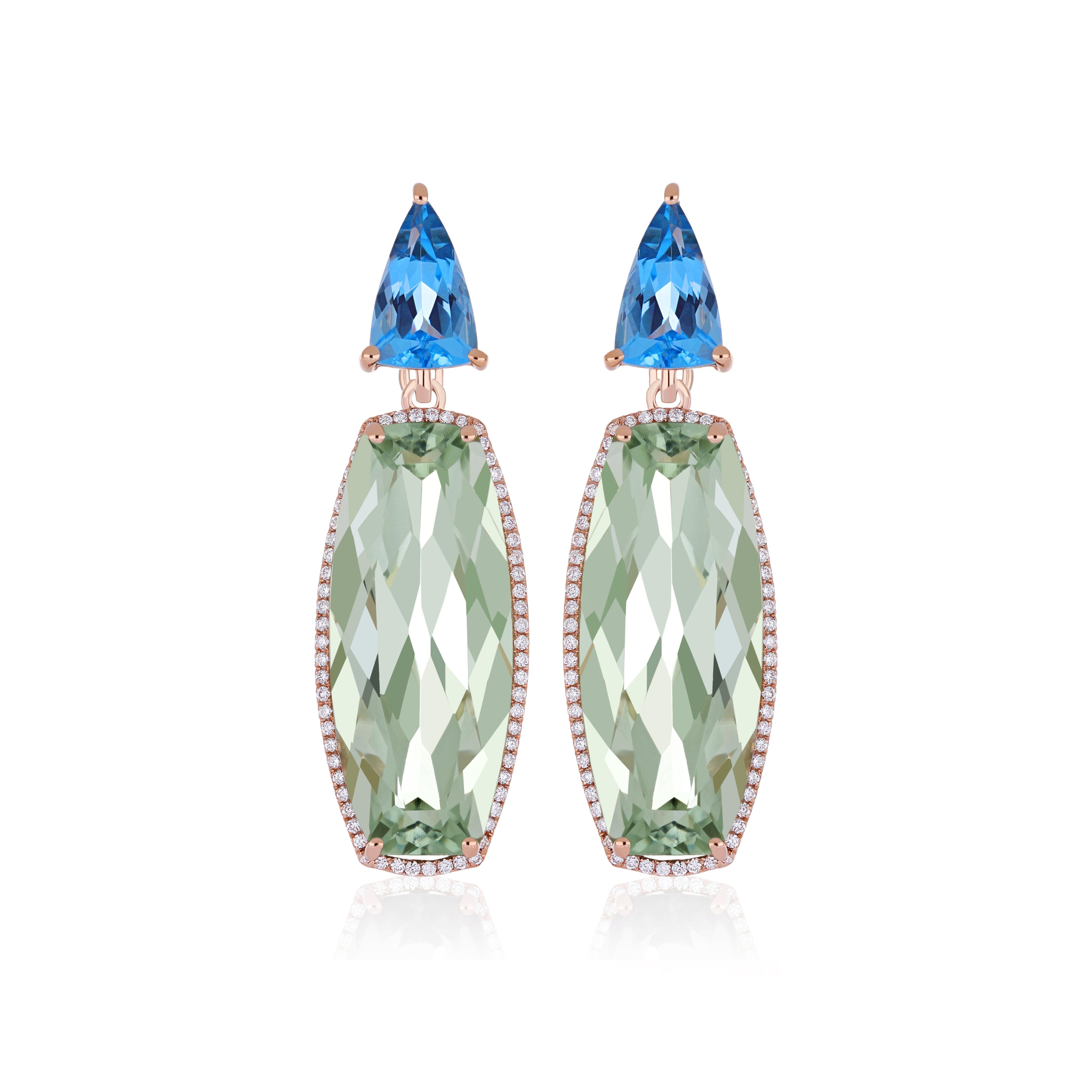 Women's Mint Quartz, Swiss Blue Topaz and Diamond Studded Earring in 14 Karat Rose Gold For Sale