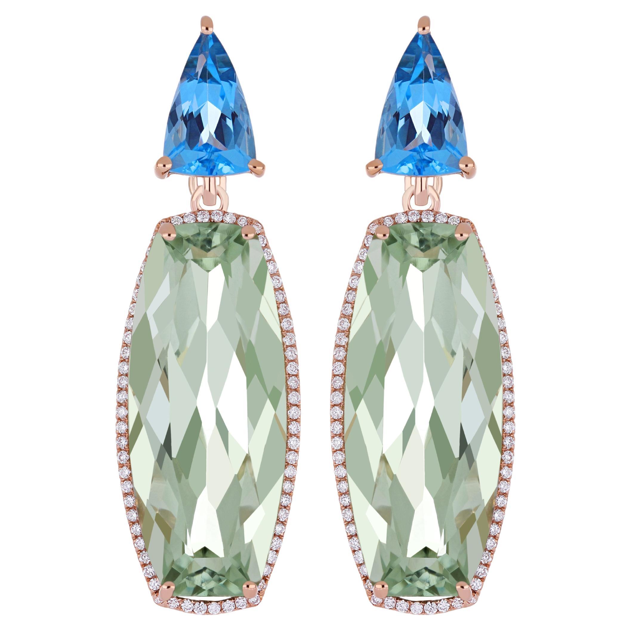 Mint Quartz, Swiss Blue Topaz and Diamond Studded Earring in 14 Karat Rose Gold For Sale