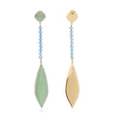 Mint Quartz, Swiss Blue Topaz & Diamond Earring, Necklace set 14k Yellow Gold