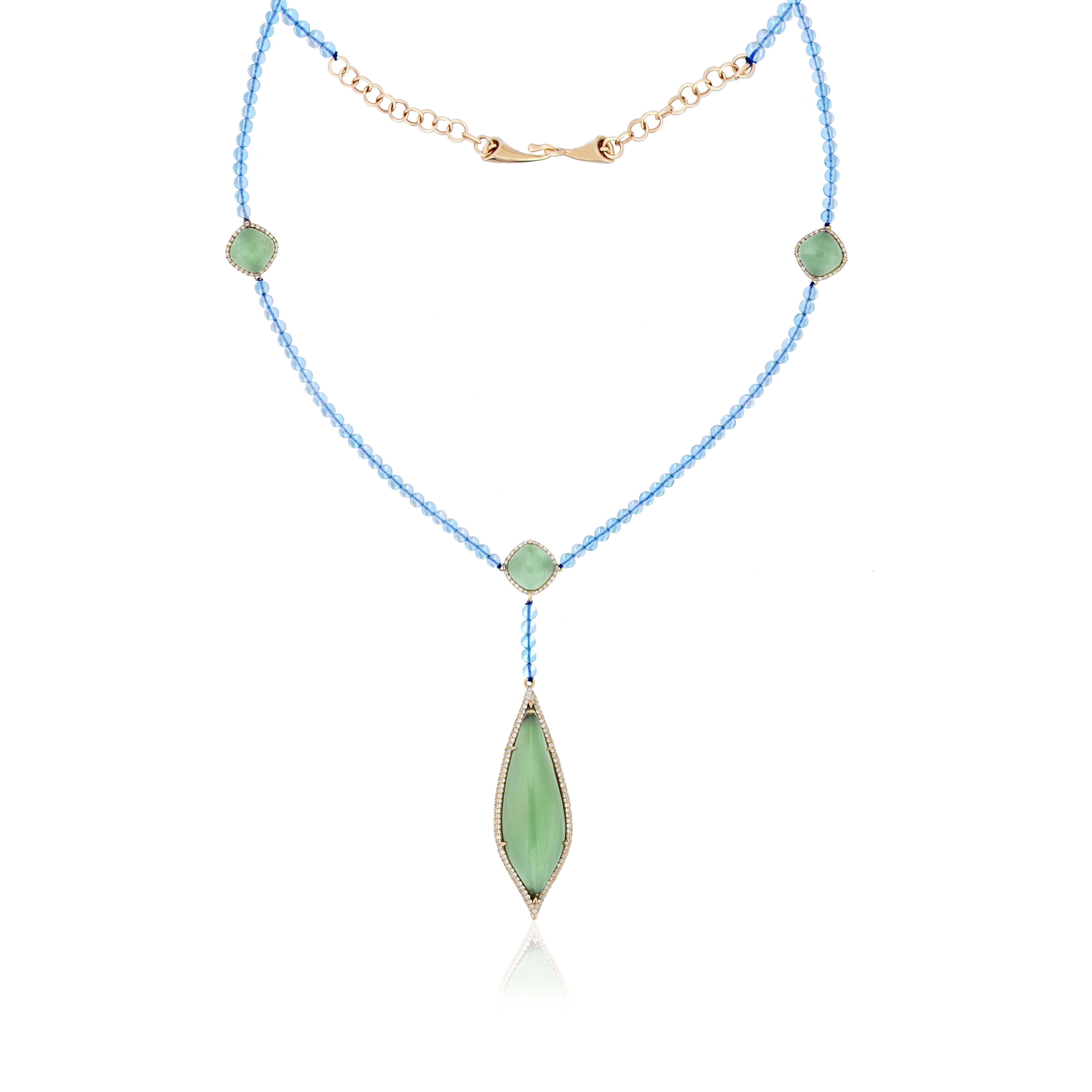 Mint Quartz, Swiss Blue Topaz & Diamond Earring, Necklace set 14k Yellow Gold For Sale 3