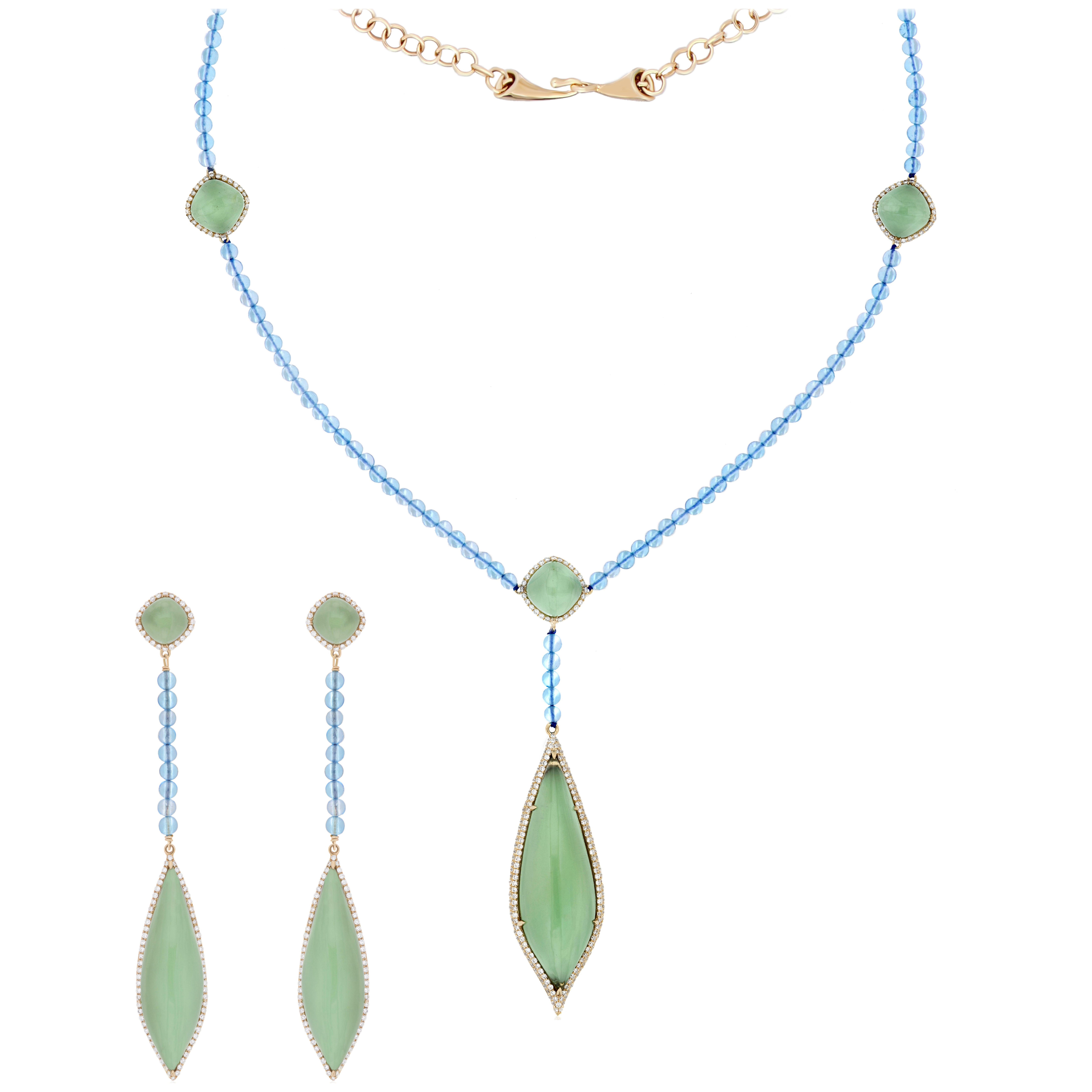 Quarzo menta, topazio blu svizzero e diamante Orecchino, collana in oro giallo 14k