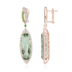 Mint Quartz, Tsavorite and Diamond Earring 14k Yellow Gold Handcraft Earring