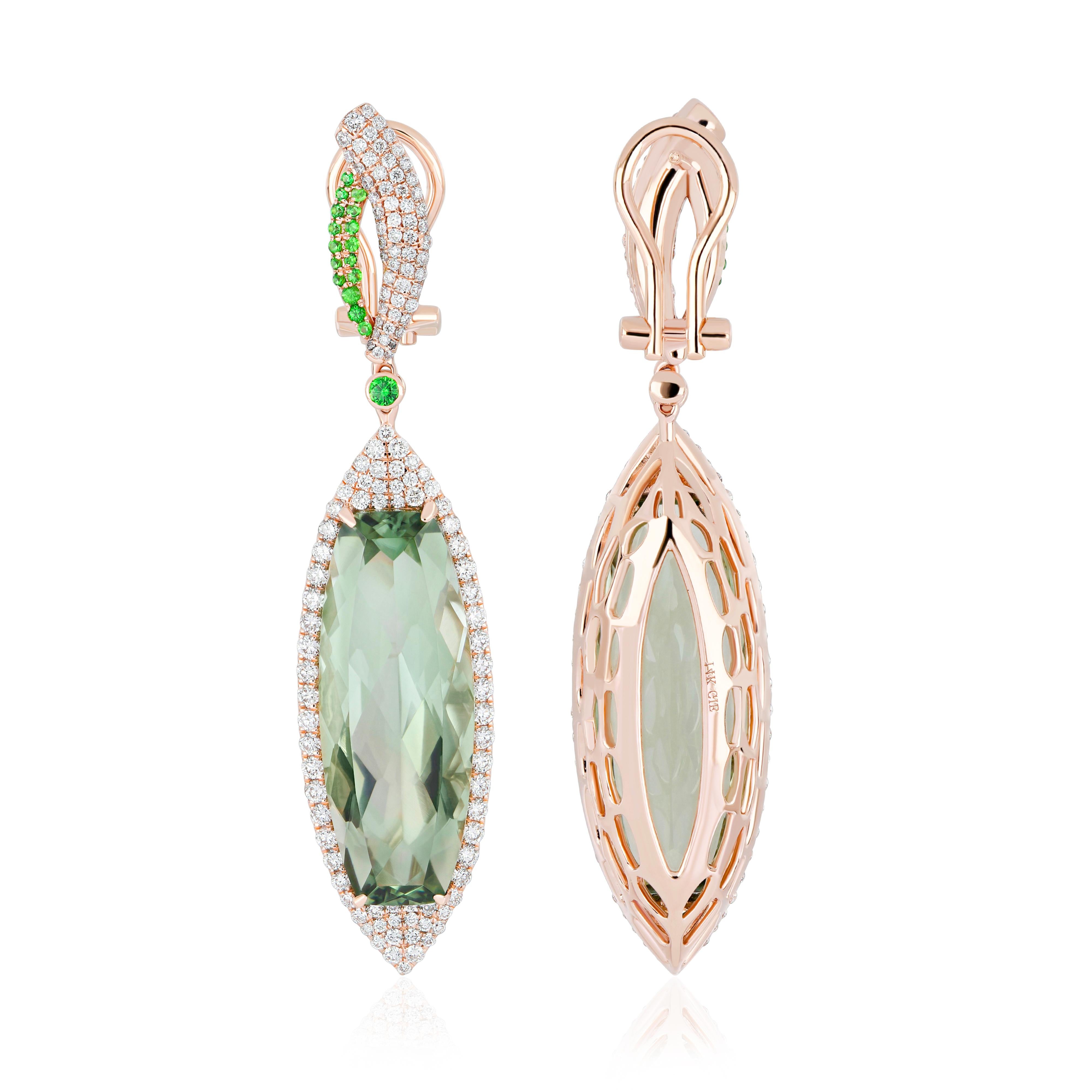 Modern Mint Quartz, Tsavorite and Diamond Earring 14k Yellow Gold Handcraft Earring For Sale