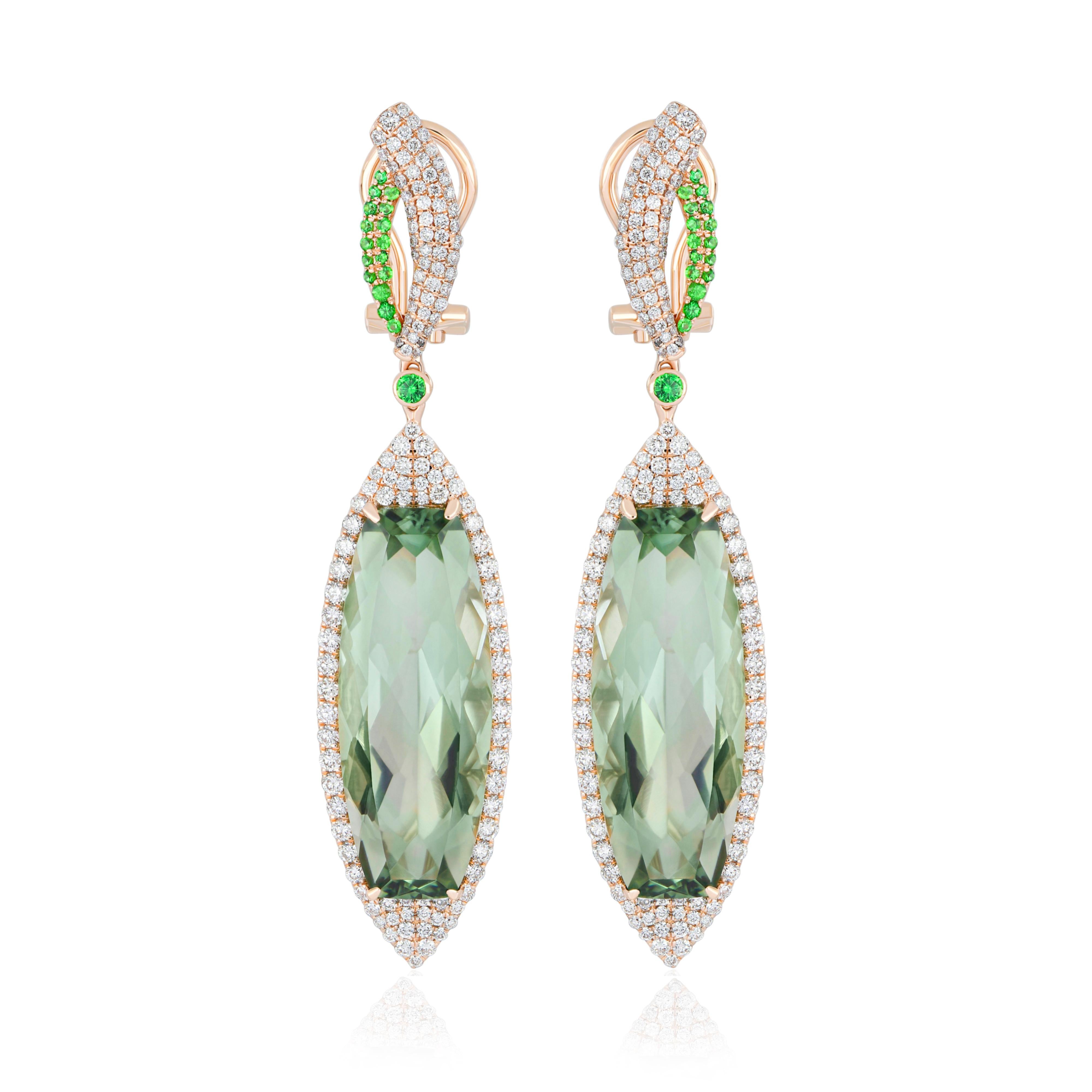 Mint Quartz, Tsavorite and Diamond Earring 14k Yellow Gold Handcraft Earring In New Condition For Sale In JAIPUR, IN