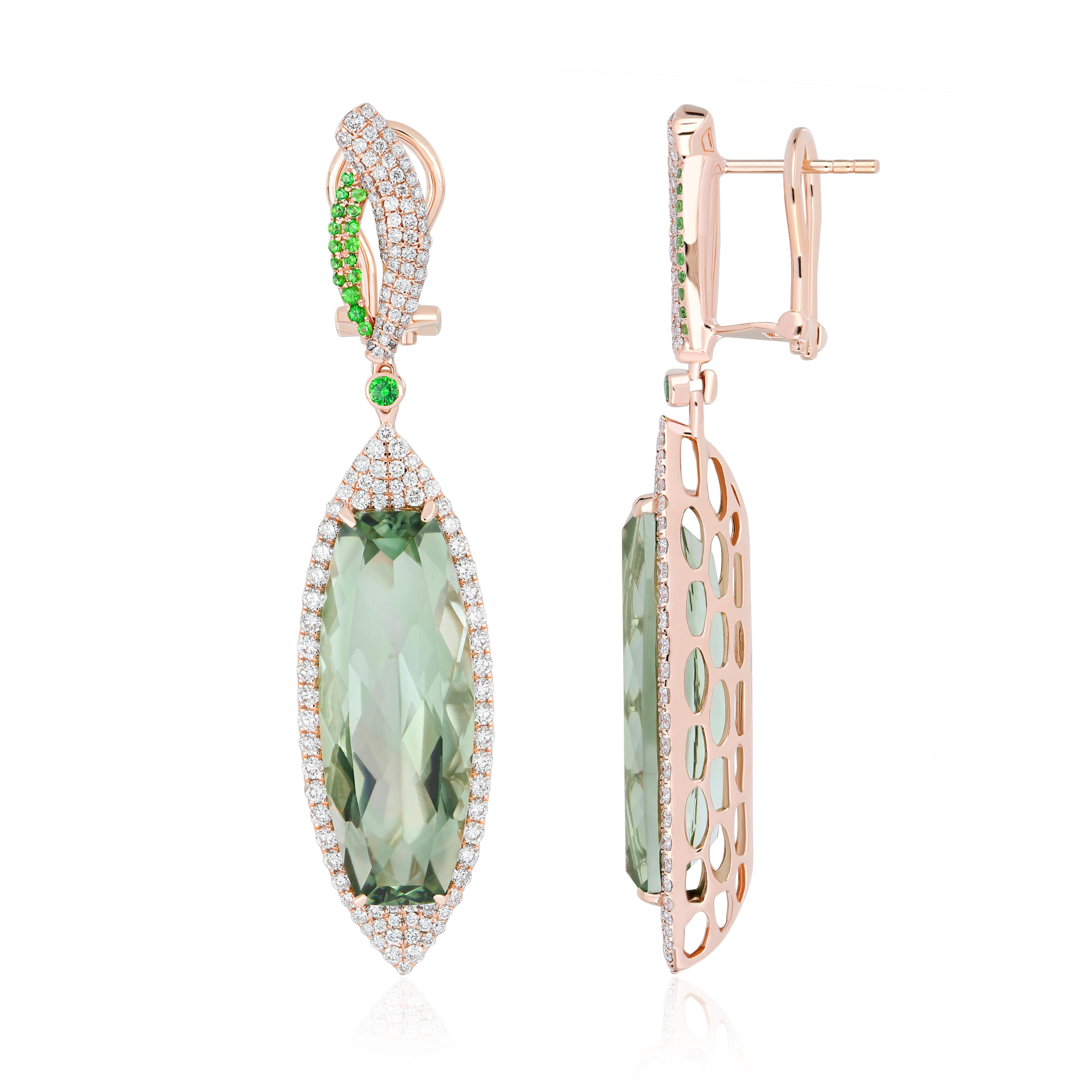 Women's Mint Quartz, Tsavorite and Diamond Earring 14k Yellow Gold Handcraft Earring For Sale