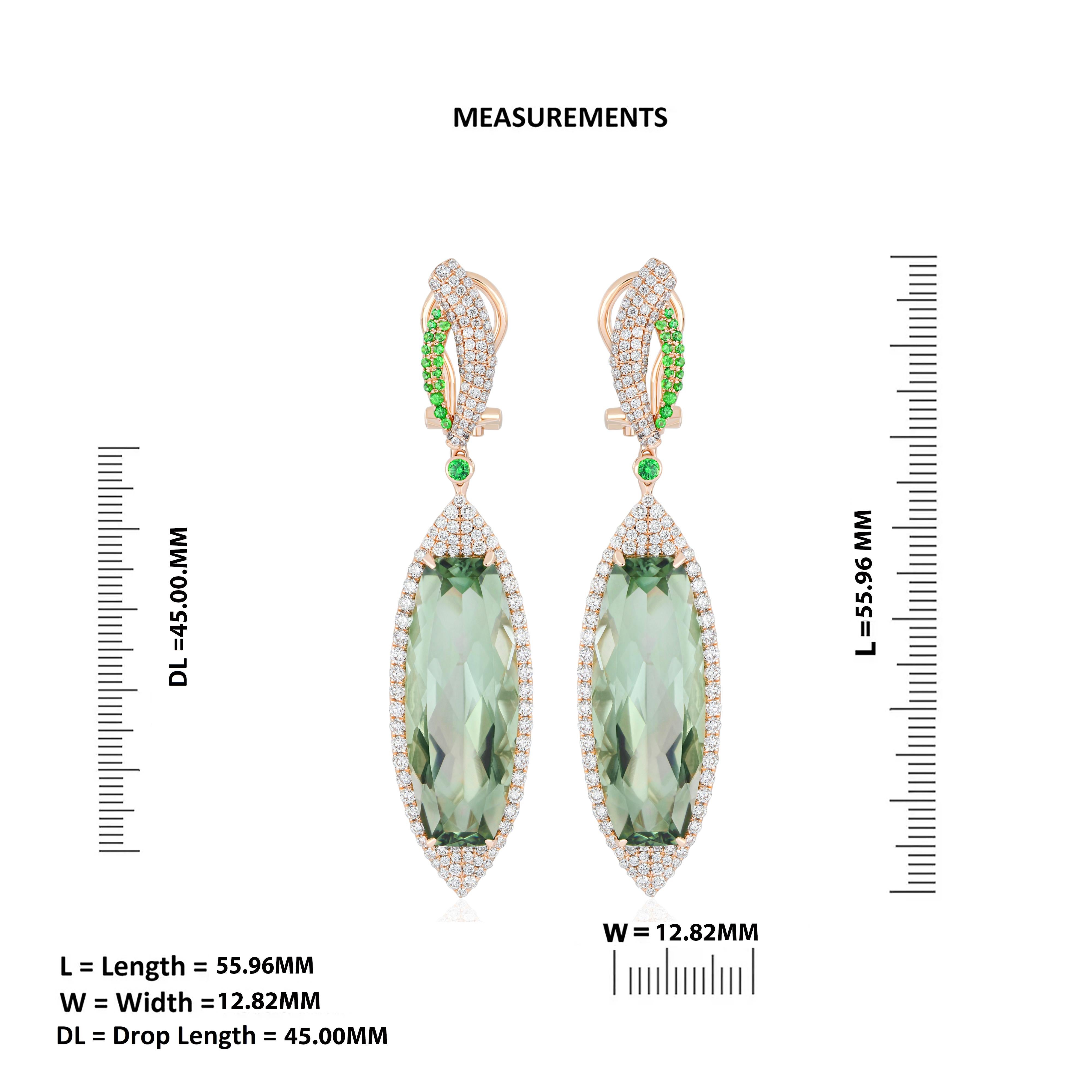 Mint Quartz, Tsavorite and Diamond Earring 14k Yellow Gold Handcraft Earring For Sale 2