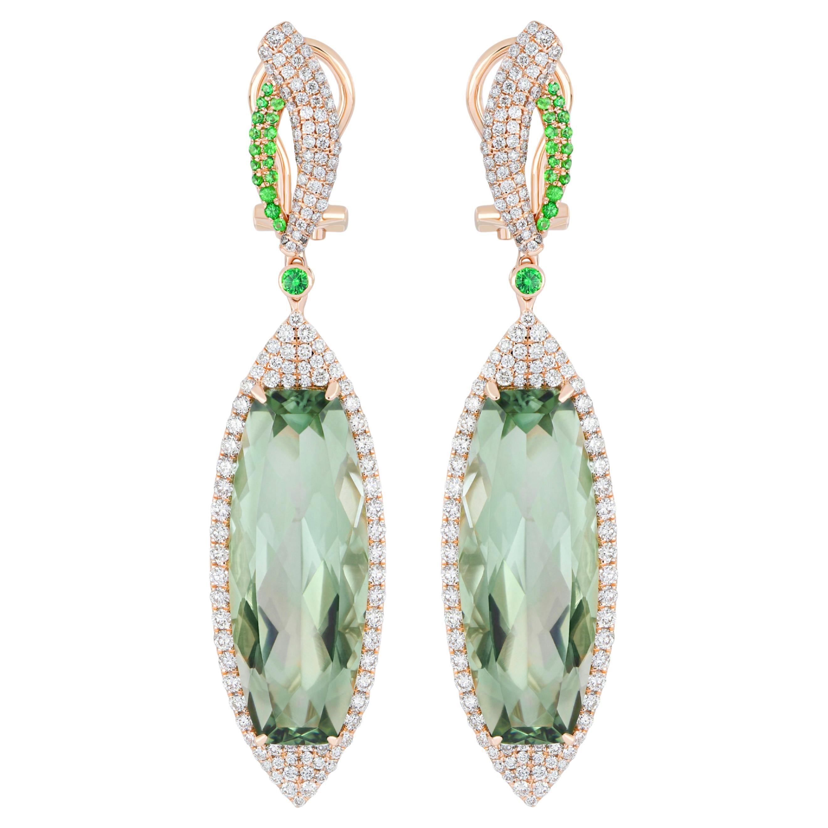 Mint Quartz, Tsavorite and Diamond Earring 14k Yellow Gold Handcraft Earring For Sale