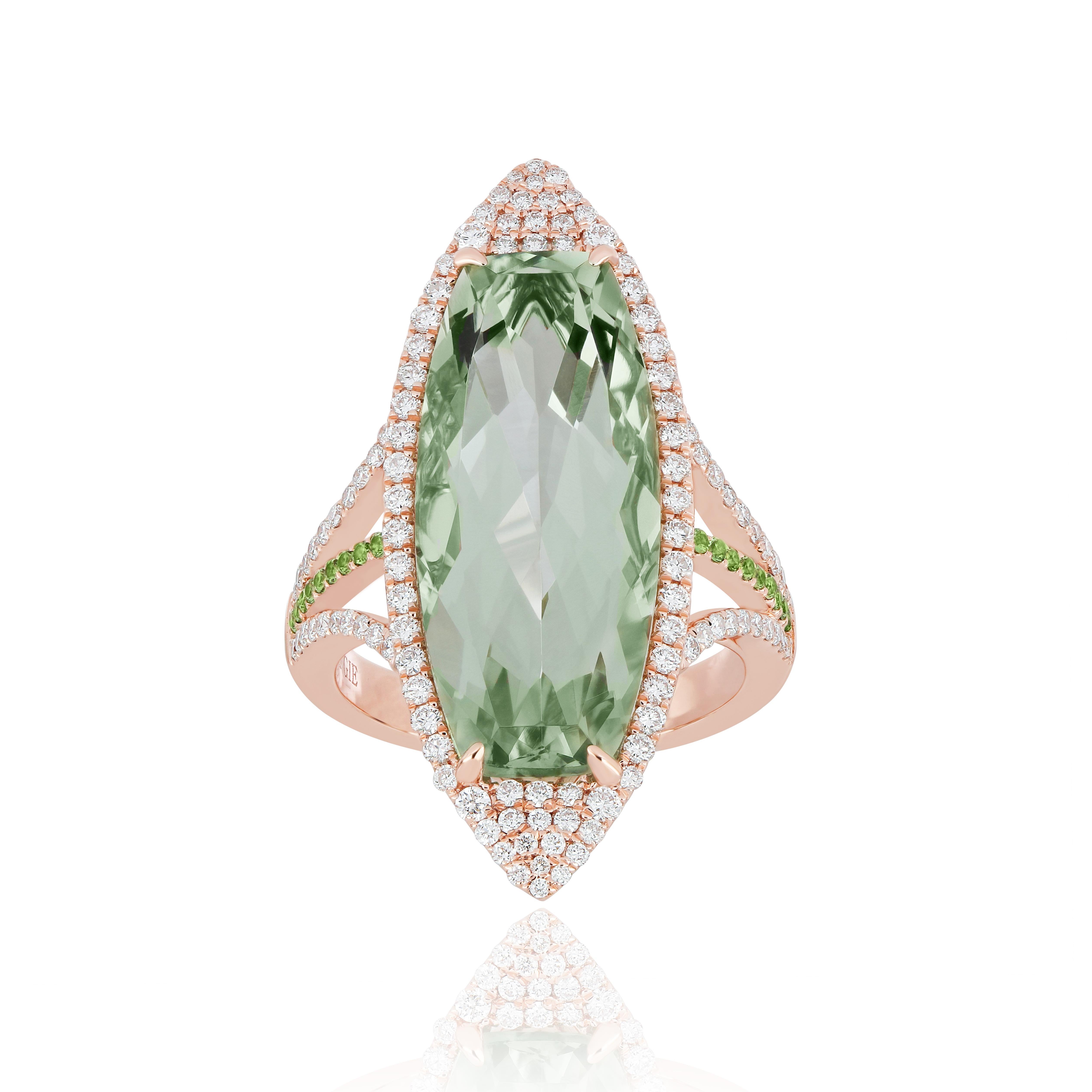 Mint Quartz, Tsavorite & Diamond Ring in 14K Rose Gold HandCraft Party Wear Ring For Sale 4