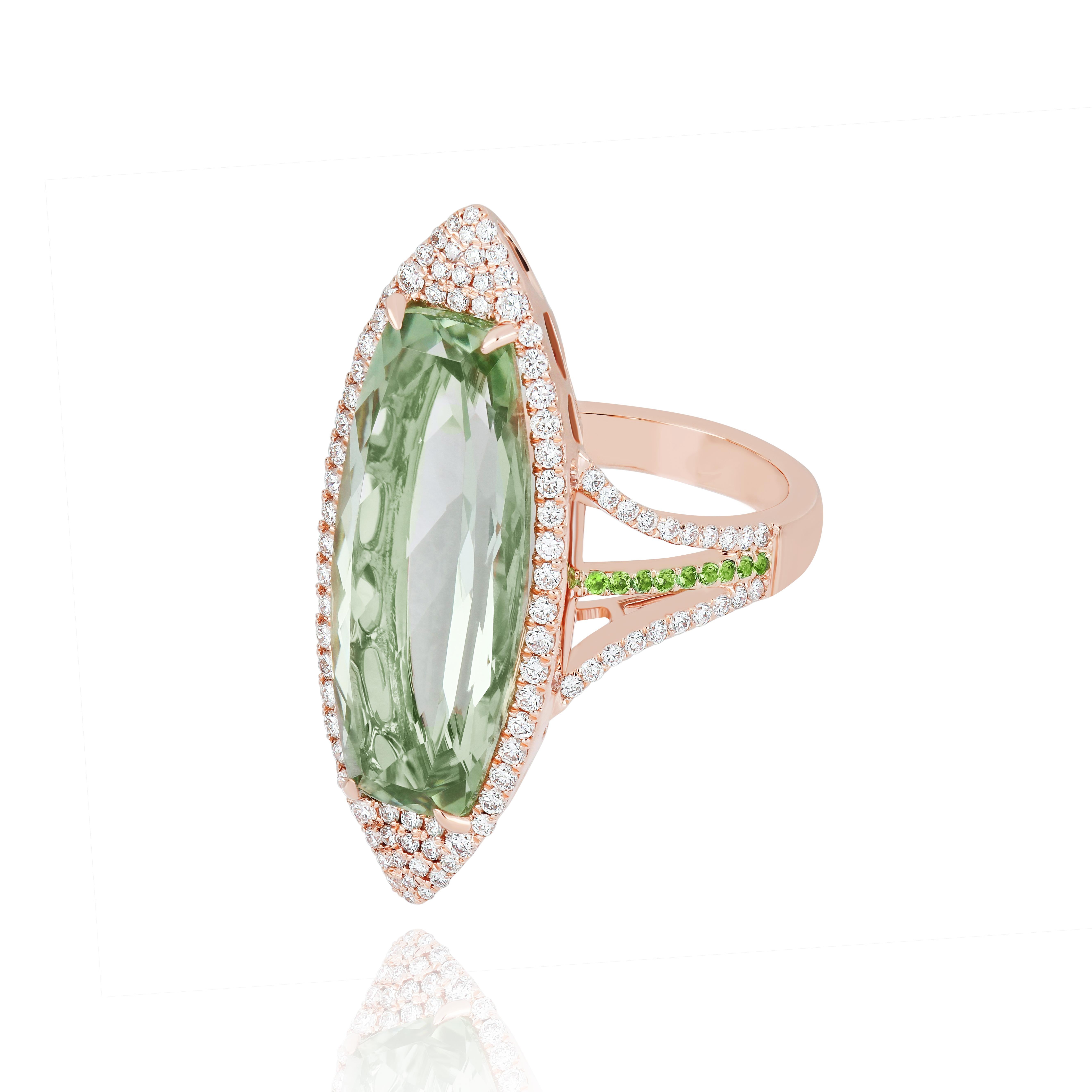 Mint Quartz, Tsavorite & Diamond Ring in 14K Rose Gold HandCraft Party Wear Ring For Sale 5