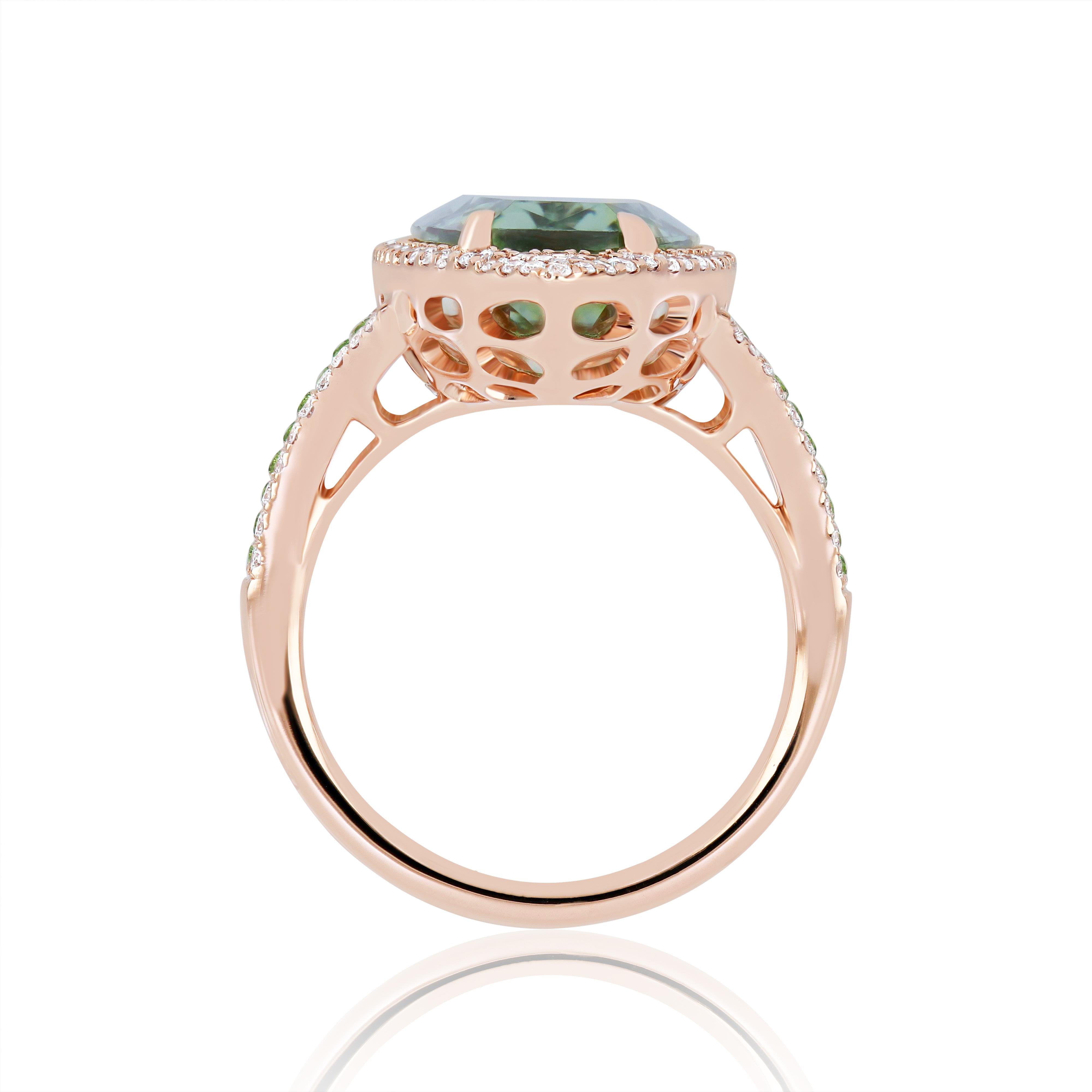 Women's Mint Quartz, Tsavorite & Diamond Ring in 14K Rose Gold HandCraft Party Wear Ring For Sale