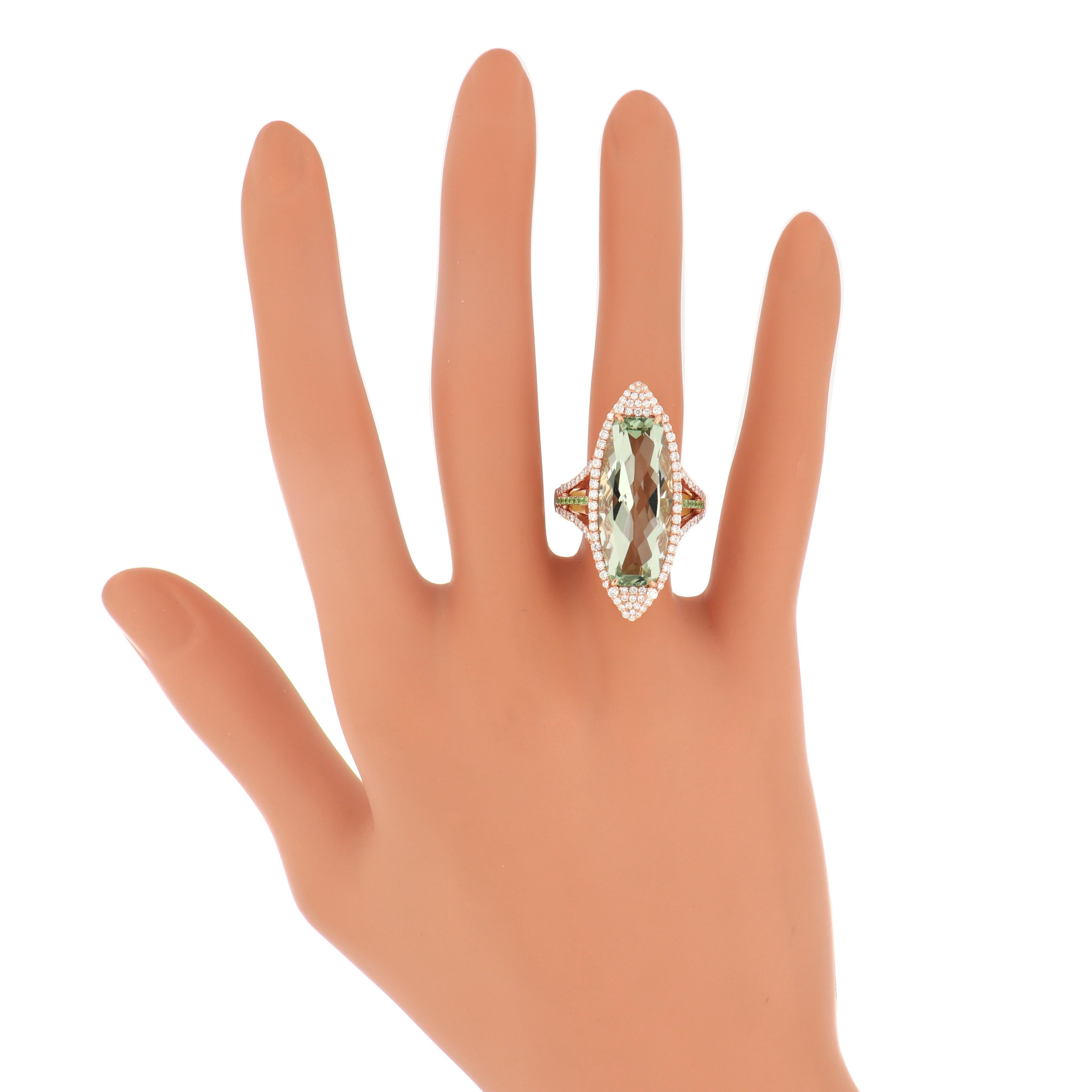 Indulge in Timeless Luxury: A Masterpiece of Craftsmanship, This 14 Karat Rose Gold Ring Radiates Elegance, showcasing a Captivating 10.05Cts (approx.) Cushion Sharp Conner Shape Mint Quartz as its Centerpiece, Embellished with Micro-Pave Diamonds