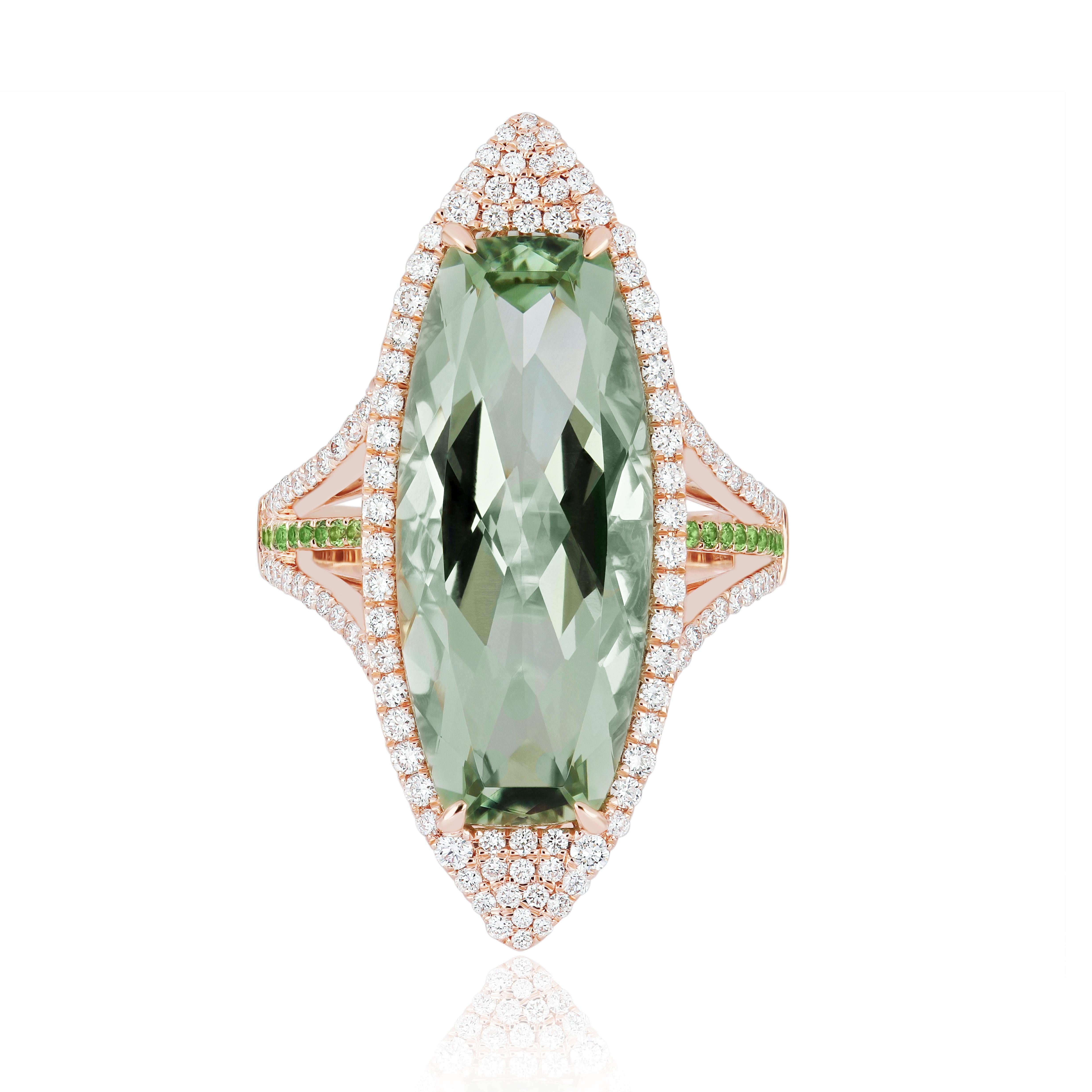 Mint Quartz, Tsavorite & Diamond Ring in 14K Rose Gold HandCraft Party Wear Ring For Sale 3